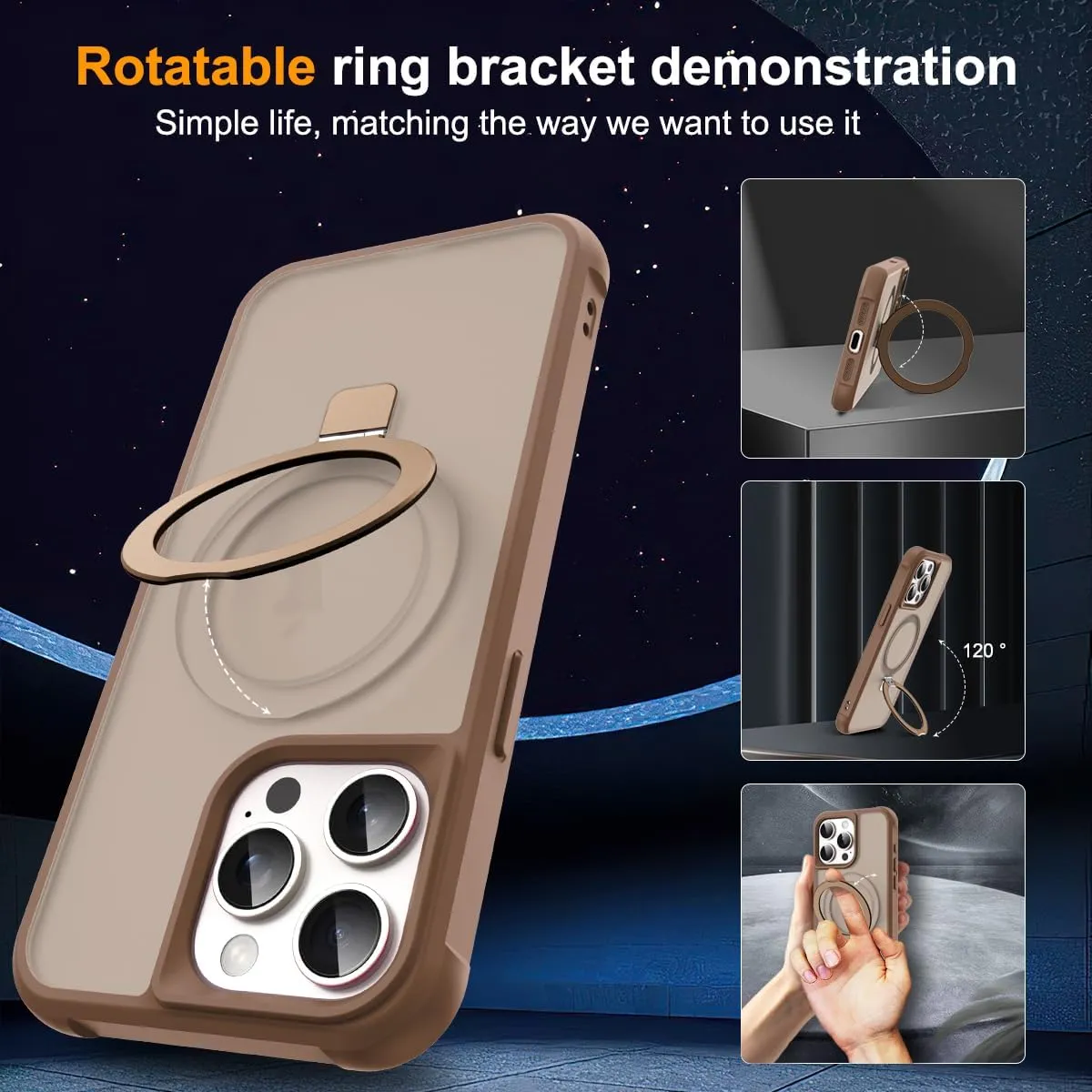 Compatible with iPhone 15 Pro Max Case with Invisible Magnetic O-Ring Stand Military-Grade Translucent Case for iPhone 15 ProMax 6.7" [Compatible with Mag-Safe][Great Grip Feeling],Desert Brown