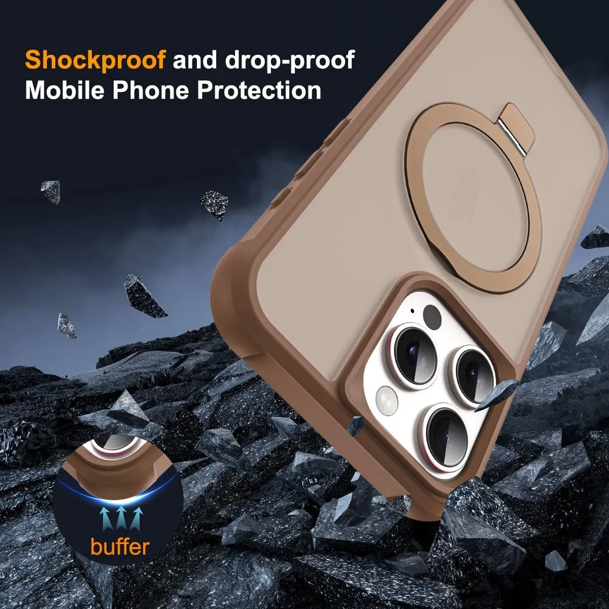 Compatible with iPhone 15 Pro Max Case with Invisible Magnetic O-Ring Stand Military-Grade Translucent Case for iPhone 15 ProMax 6.7" [Compatible with Mag-Safe][Great Grip Feeling],Desert Brown