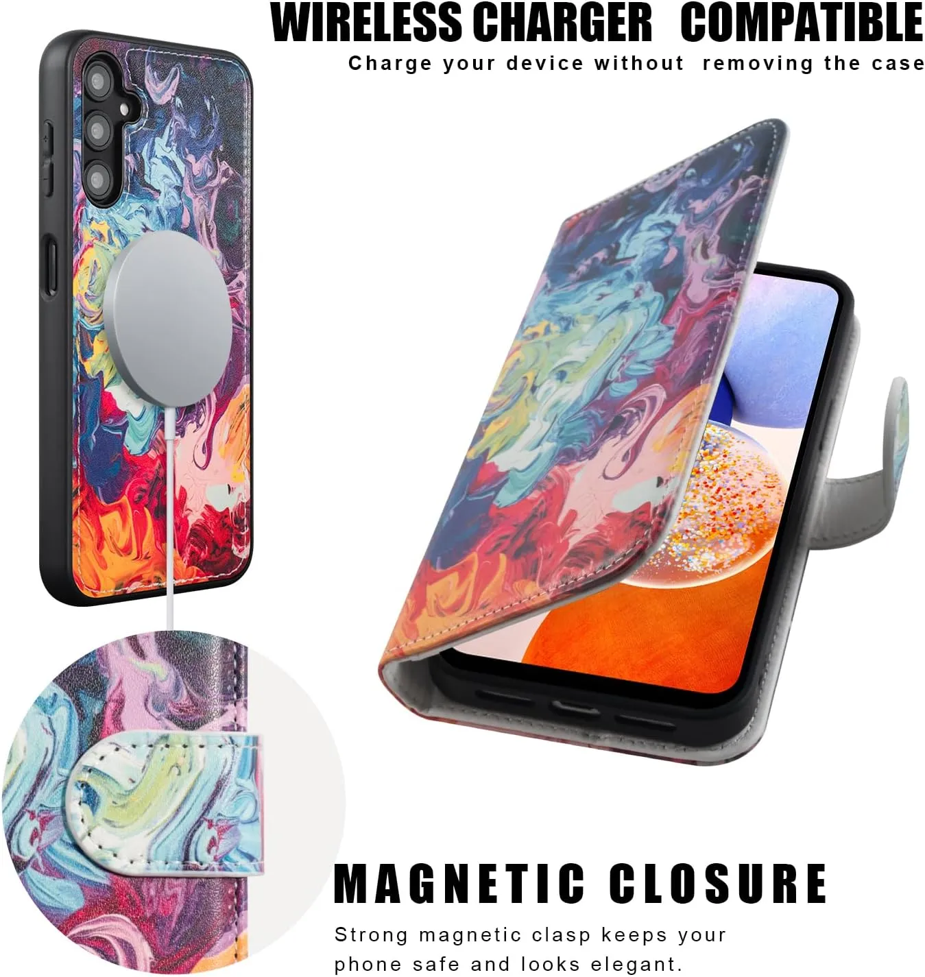 Compatible with Samsung Galaxy A14 Wallet Case - Detachable Flip Folio Leather Kickstand Cover - 4 Card Slots Holder - Fashion Protective Phone Case 6.6" for Mens Women Girls,Colorful Painting