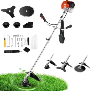 COOCHEER 58CC 2-Stroke Weed Eater Gas Powered 4-in-1 Brush Cutter 18" Straight Shaft Gas Weed Wacker with 4 Blade Heads String Trimmer for Grass, Weeds, Brush (Orange)