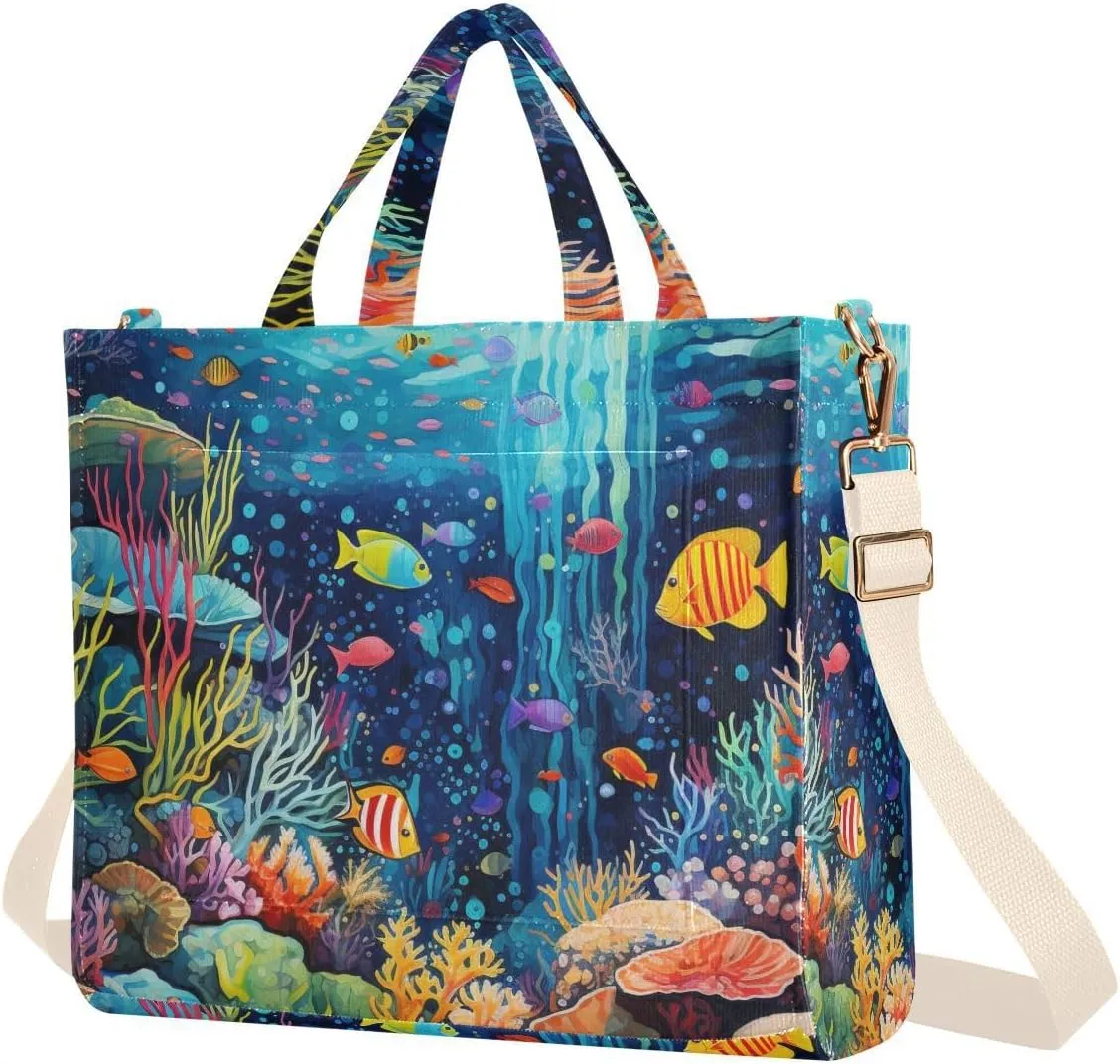 Coral Reef Fishes Corduroy Women Tote Bag, Handbag Purse with Detachable Strap Small Size