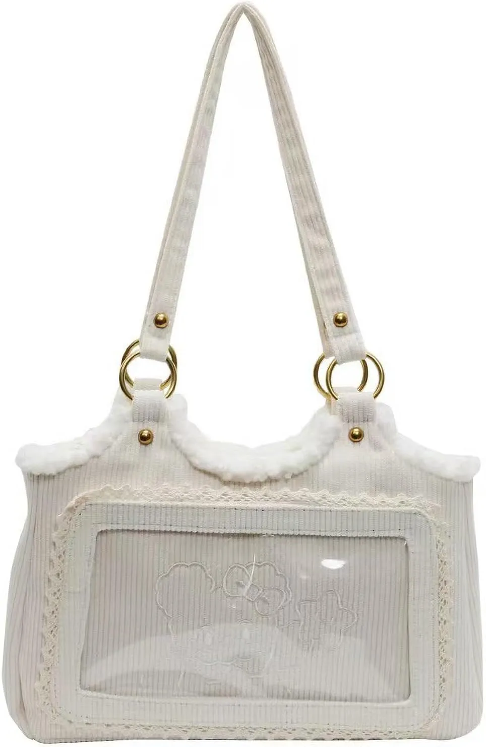 Corduroy Tote Bag for Women,Small Tote with Zipper, Trim Embroidery Shoulder Handbag with Patch Pocket for Work Shop