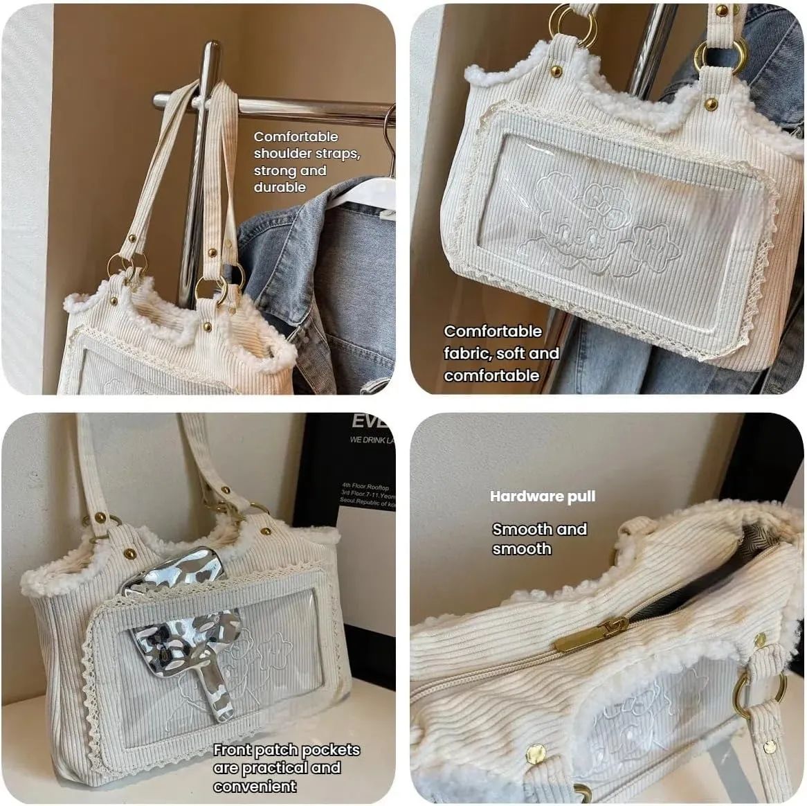 Corduroy Tote Bag for Women,Small Tote with Zipper, Trim Embroidery Shoulder Handbag with Patch Pocket for Work Shop