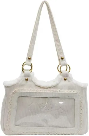 Corduroy Tote Bag for Women,Small Tote with Zipper, Trim Embroidery Shoulder Handbag with Patch Pocket for Work Shop