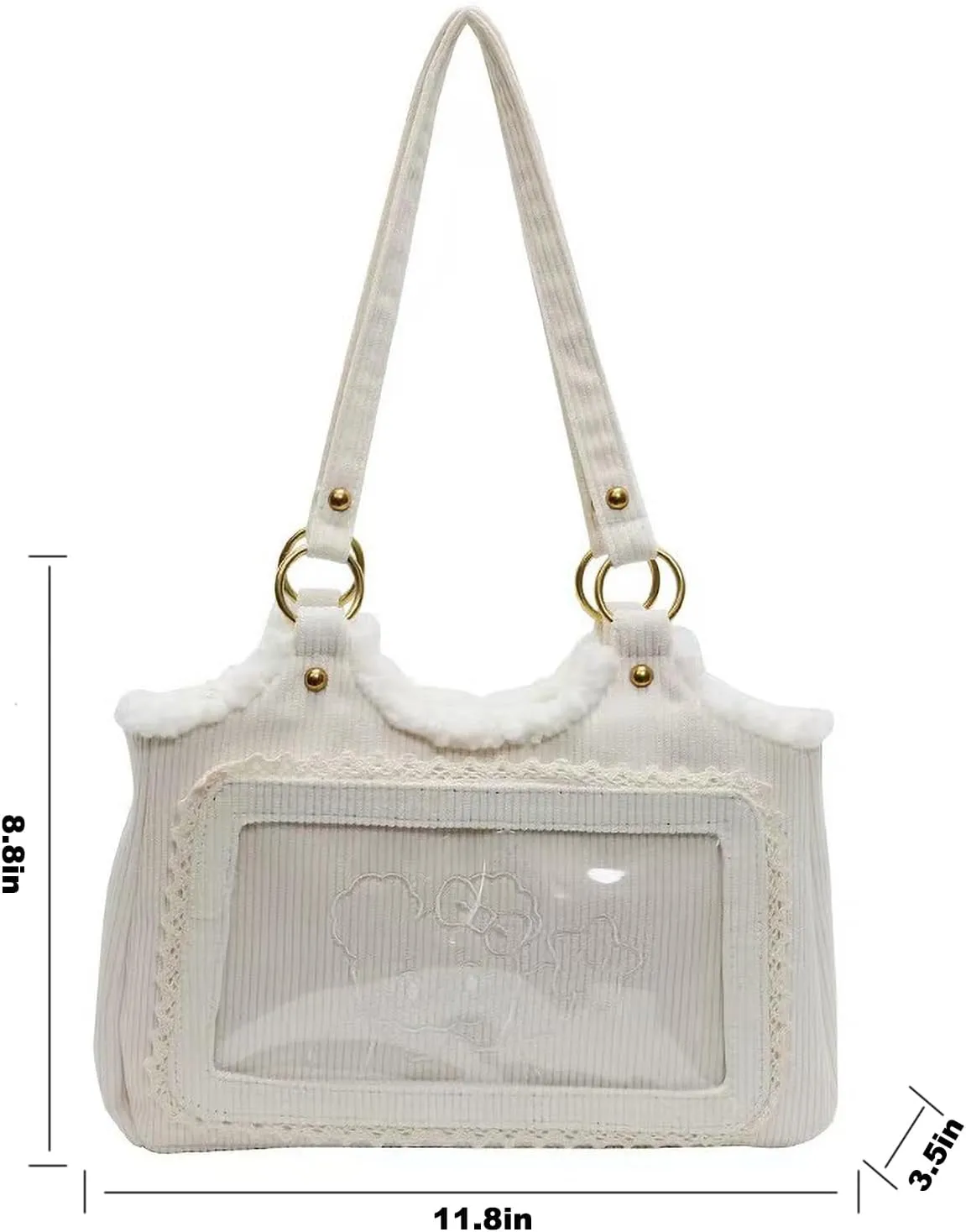 Corduroy Tote Bag for Women,Small Tote with Zipper, Trim Embroidery Shoulder Handbag with Patch Pocket for Work Shop