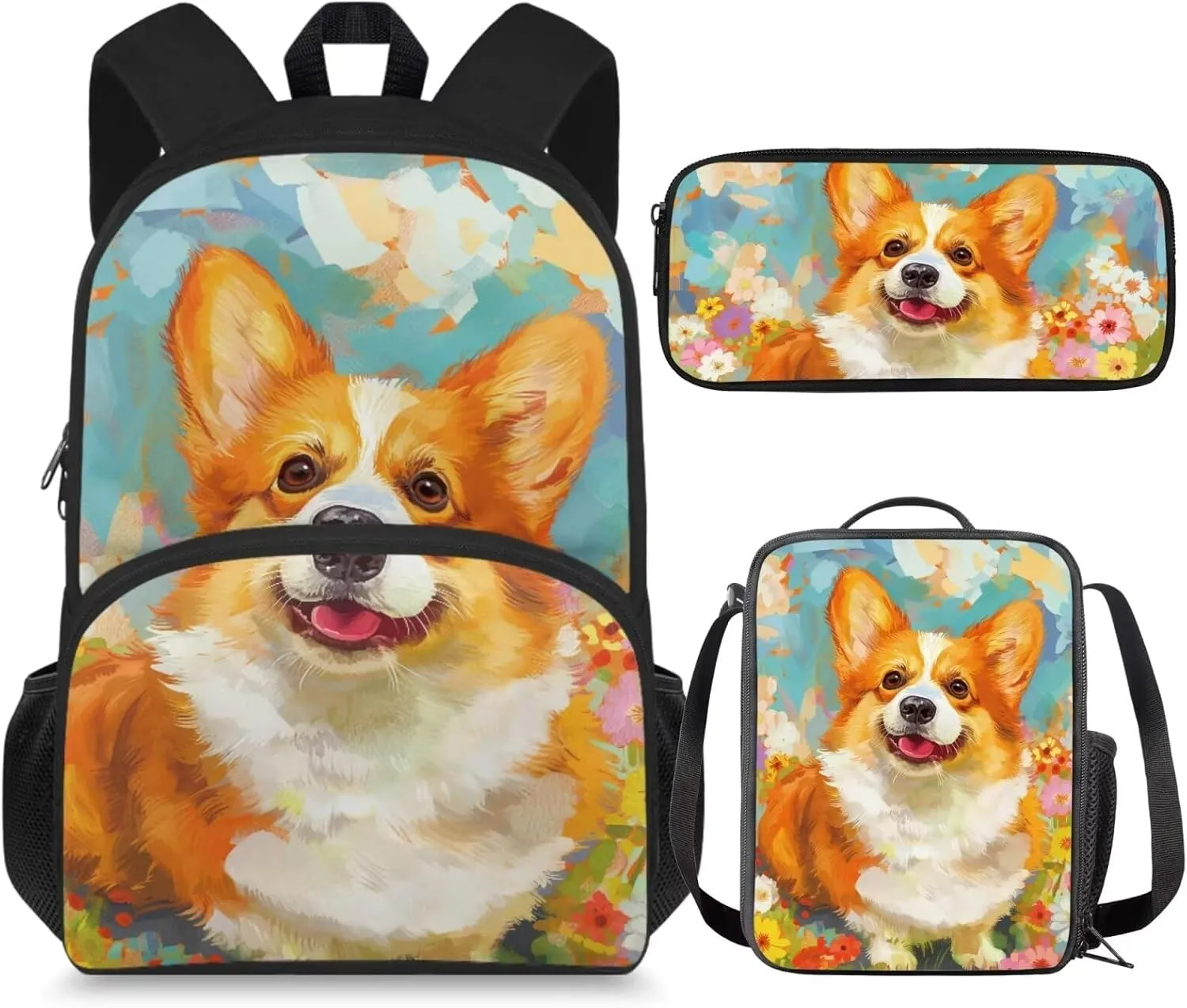 Corgi Preschool Backpack for Girls 15 Inch School Bag Set with Lunch Box Pencil Case 7-8 Kids Cute Large Book Bags Elementary 1st Grade Daypack Back Packs Mochila Para NiñOs
