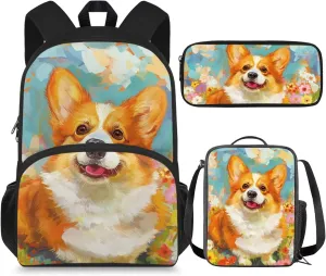 Corgi Preschool Backpack for Girls 15 Inch School Bag Set with Lunch Box Pencil Case 7-8 Kids Cute Large Book Bags Elementary 1st Grade Daypack Back Packs Mochila Para NiñOs