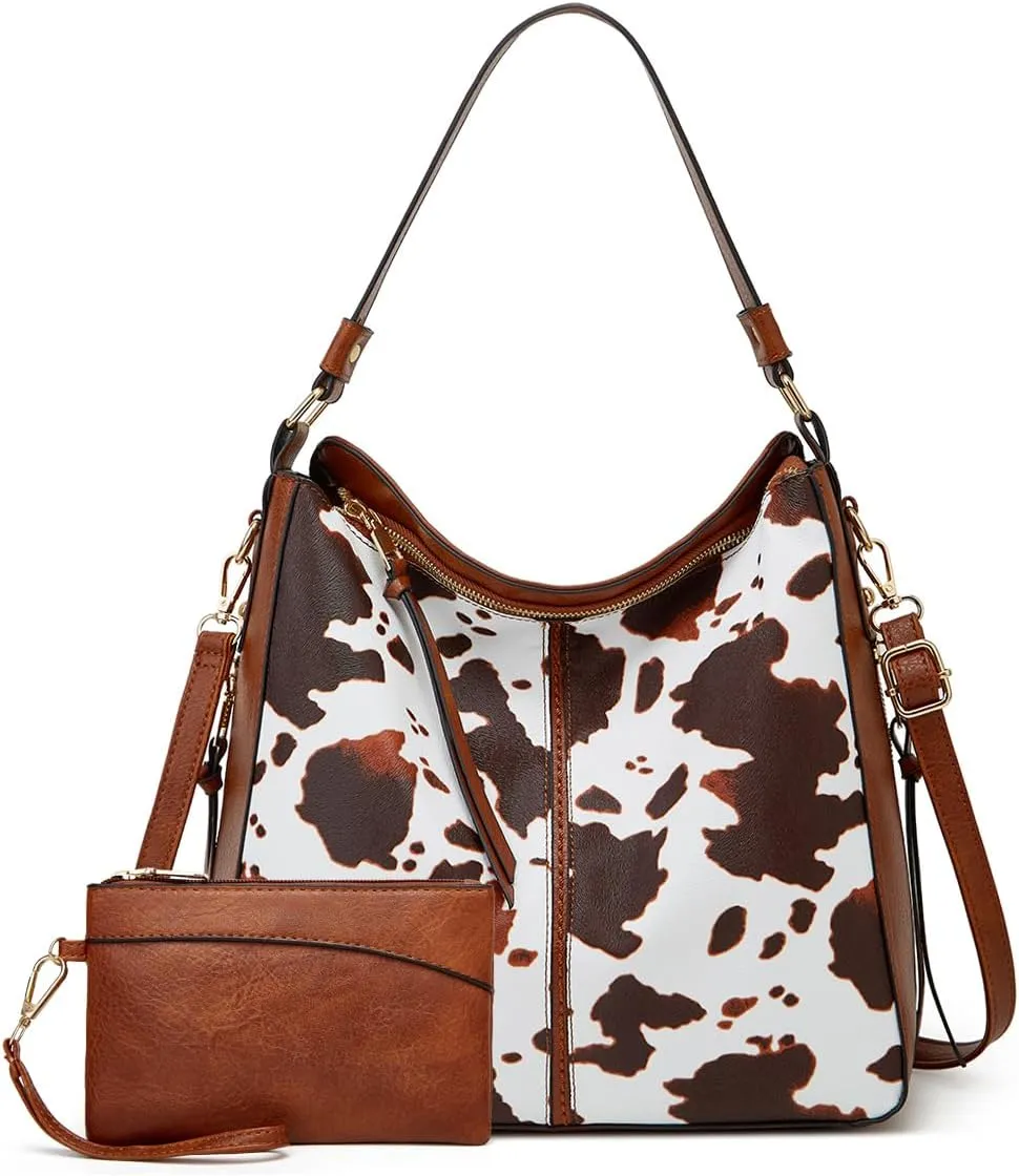 Cow Print Crossbody Bags for Women Hobo Shoulder Handbag Purse and Wallet Set Ladies Soft Designer Totes Hobo Purses Brown