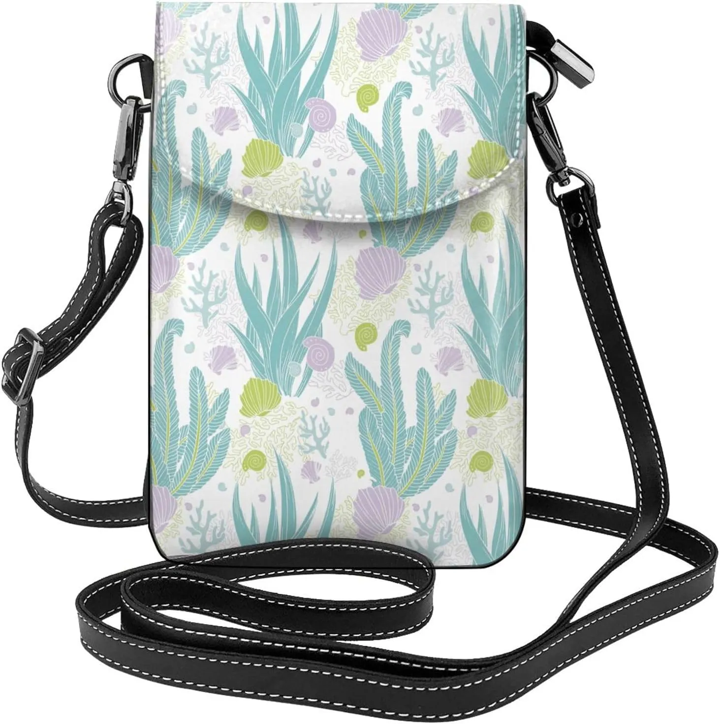 Crossbody Bag for Women Seashell Seaweed Small Cell Phone Pouch Lightweight Mini PU Leather Phone Purse Wallet Cross Body Bags with Card Slots and Shoulder Strap