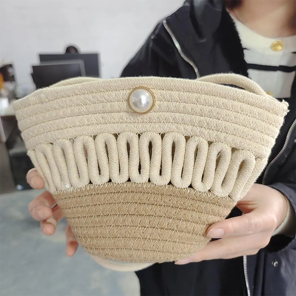 Crossbody Bags for Women Pearl Magnetic Closure Shoulder Purses for Women Hand-Woven Wallet Cotton Travel Bag