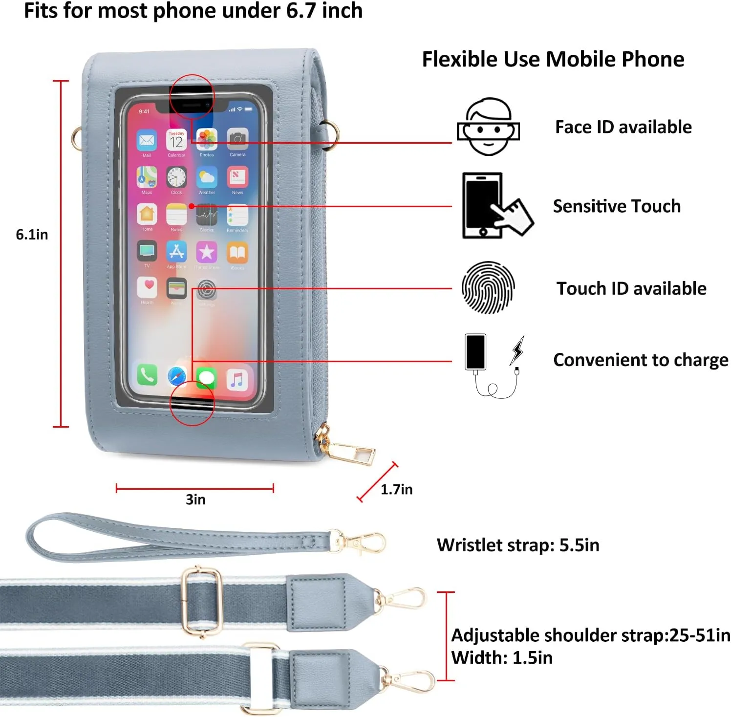 CrossBody Bags with Touchscreen Cell Phone Purse Window Zipper Pocket,RFID Blocking Card Holder iPhone bag for Women