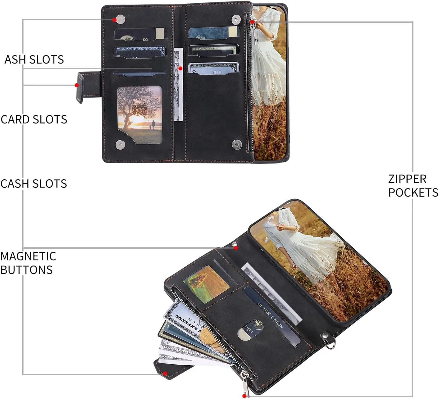 Crossbody Wallet Case for Apple iPhone 11 Pro Max Leather Phone Case with Card Holder Kickstand & Wrist Strap Cover Magnetic Closure Flip Handbag Zipper Purse Shell for Women(Black)