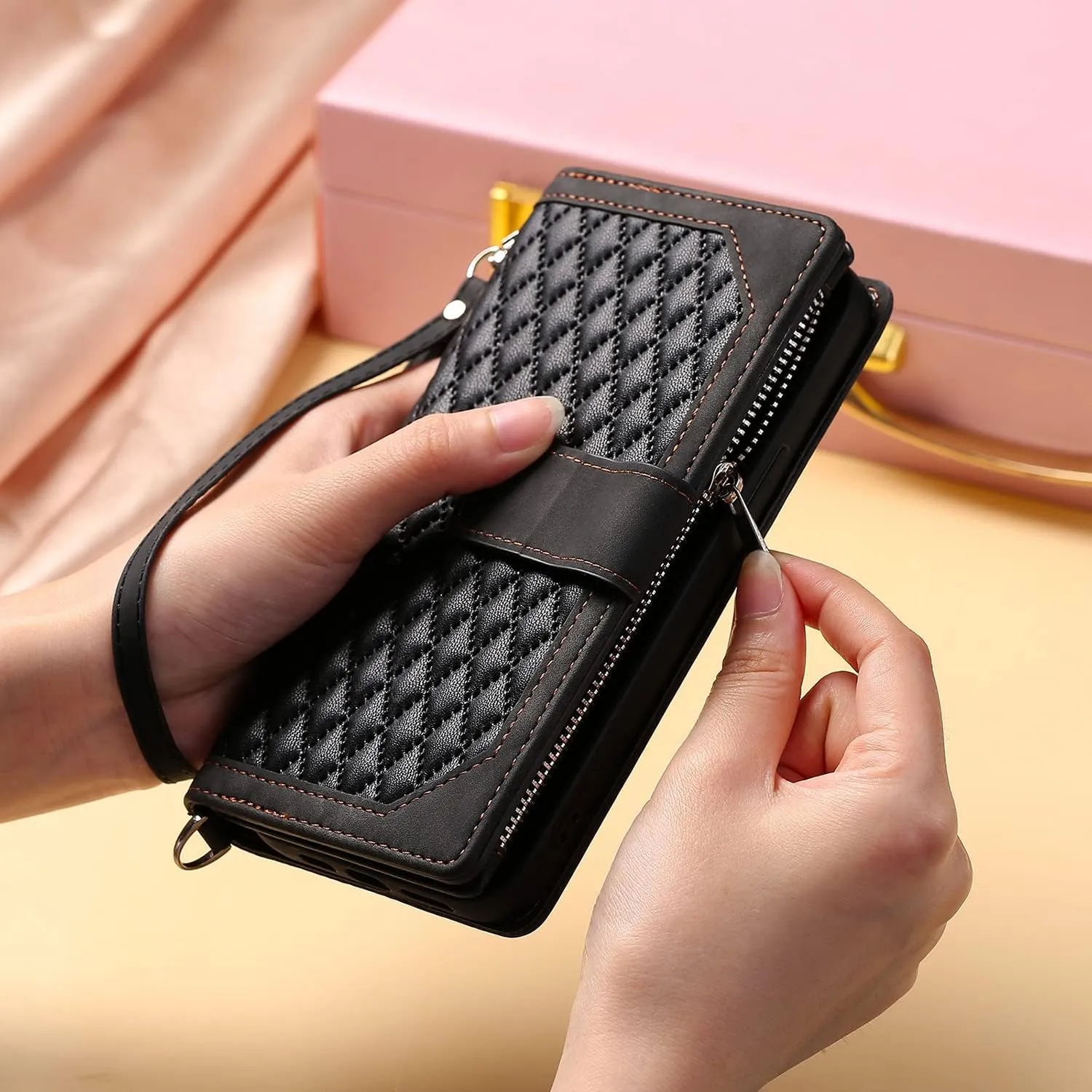 Crossbody Wallet Case for Apple iPhone 11 Pro Max Leather Phone Case with Card Holder Kickstand & Wrist Strap Cover Magnetic Closure Flip Handbag Zipper Purse Shell for Women(Black)