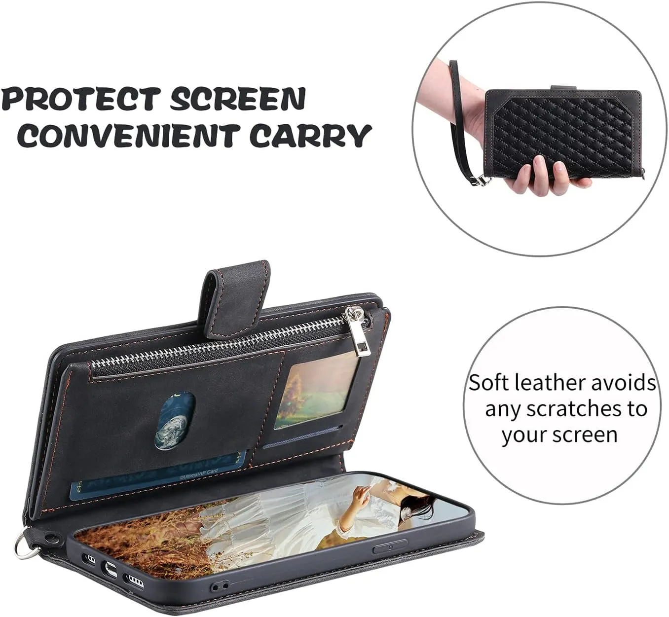 Crossbody Wallet Case for Apple iPhone 11 Pro Max Leather Phone Case with Card Holder Kickstand & Wrist Strap Cover Magnetic Closure Flip Handbag Zipper Purse Shell for Women(Black)