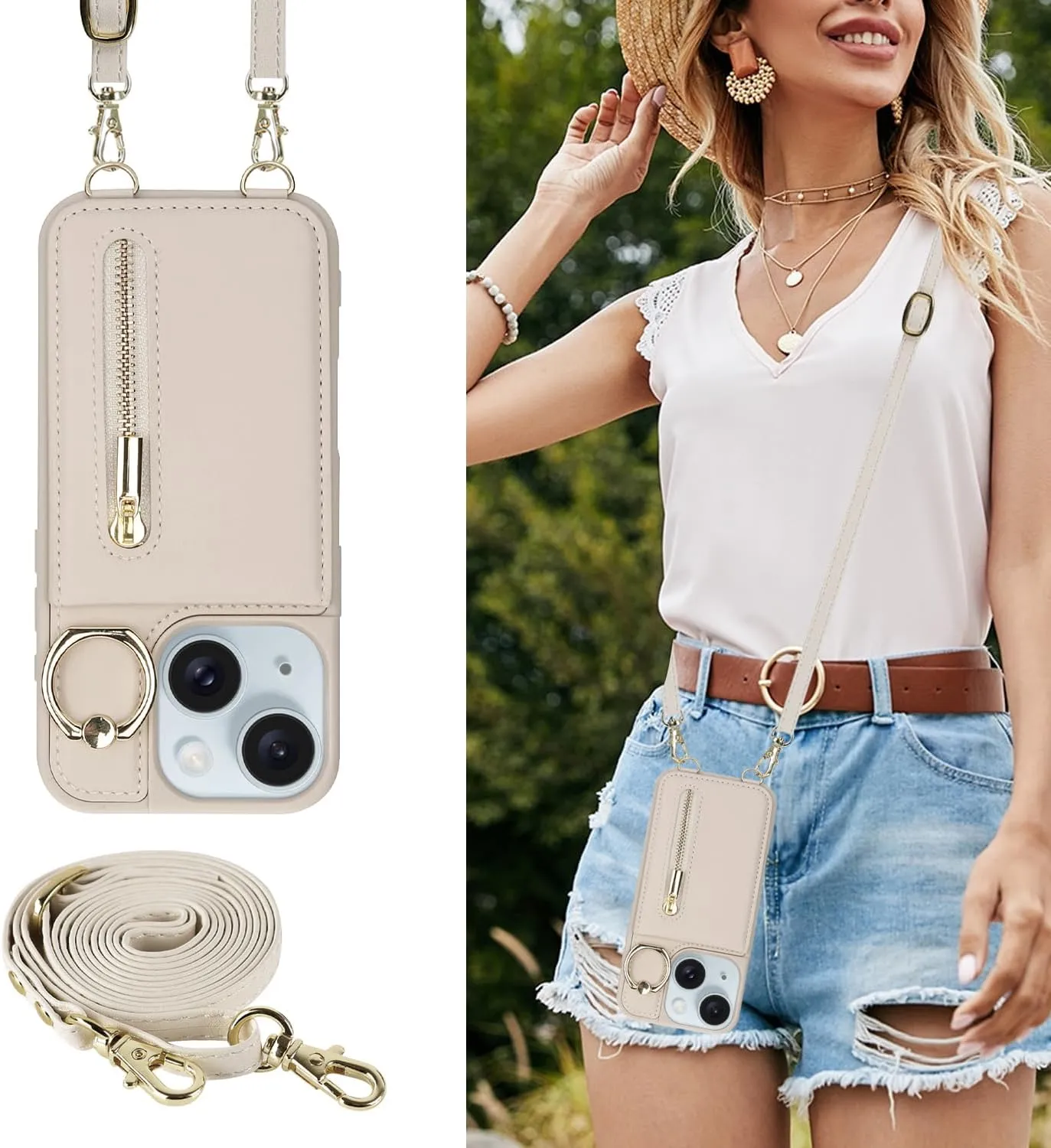 Crossbody Wallet Case for iPhone 13/14 with Lanyard Strap Card Slot Holder RFID Blocking 360° Ring Kickstand,Magnetic Flip Folio Zipper Purse Case, PU Leather Cover Handbag,Beige