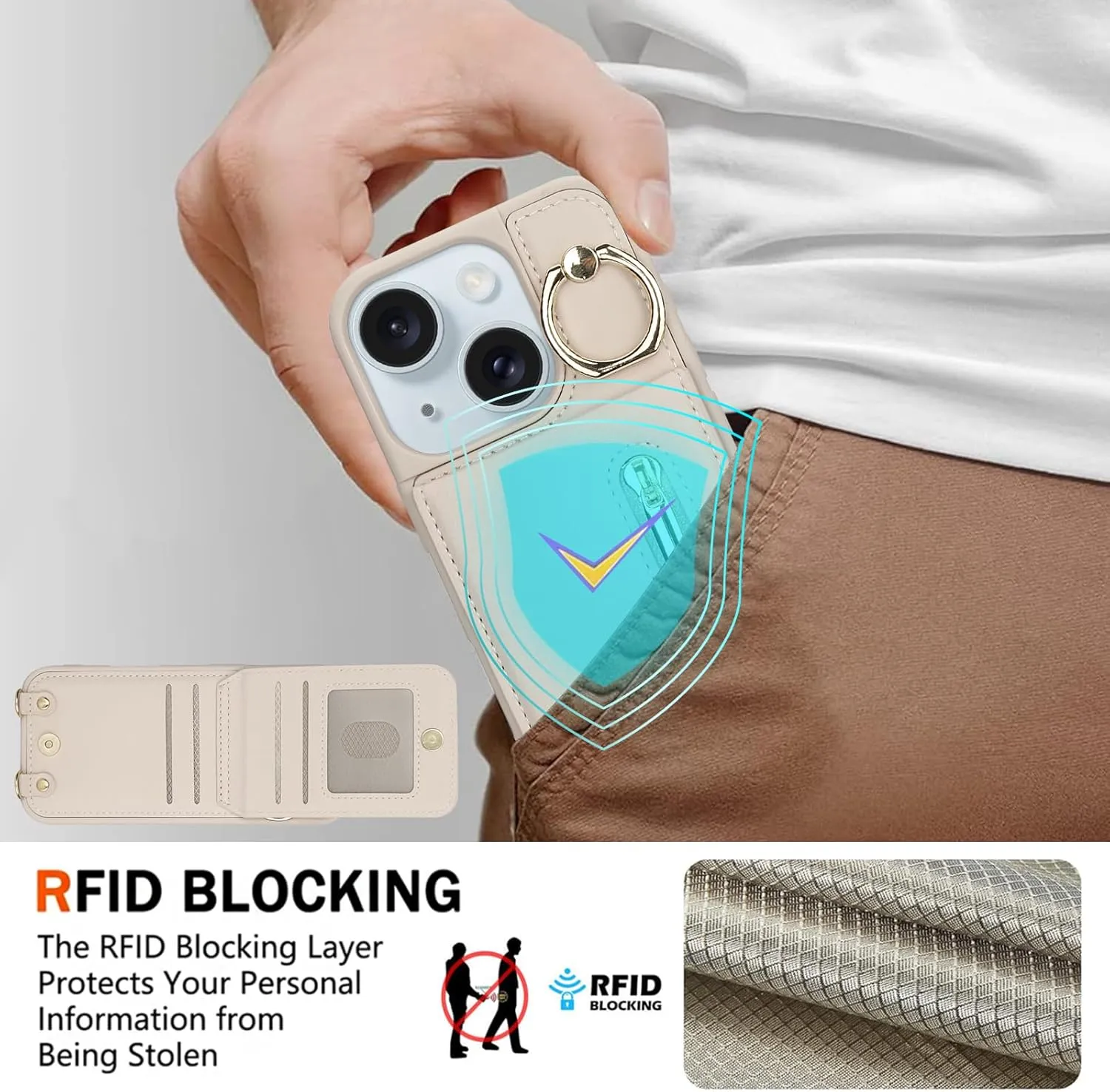 Crossbody Wallet Case for iPhone 13/14 with Lanyard Strap Card Slot Holder RFID Blocking 360° Ring Kickstand,Magnetic Flip Folio Zipper Purse Case, PU Leather Cover Handbag,Beige