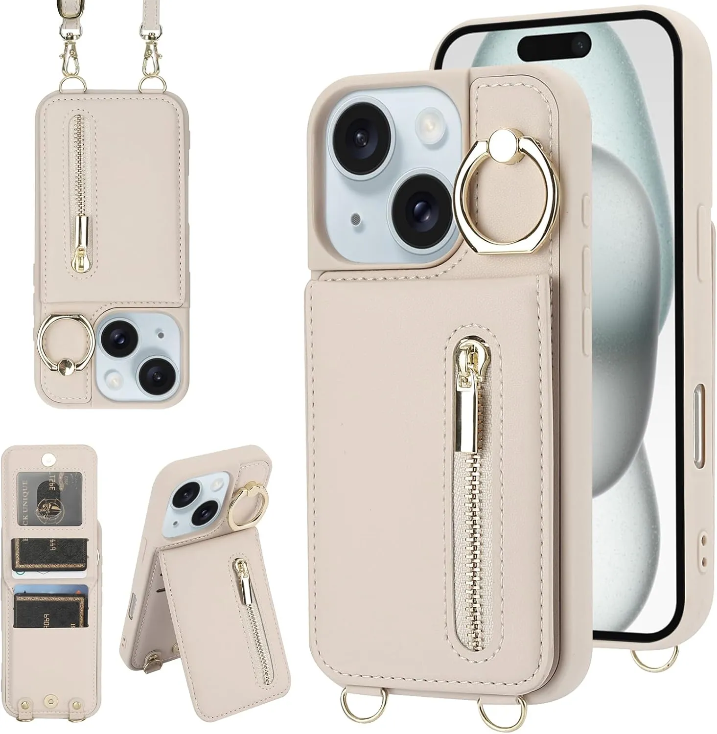 Crossbody Wallet Case for iPhone 13/14 with Lanyard Strap Card Slot Holder RFID Blocking 360° Ring Kickstand,Magnetic Flip Folio Zipper Purse Case, PU Leather Cover Handbag,Beige
