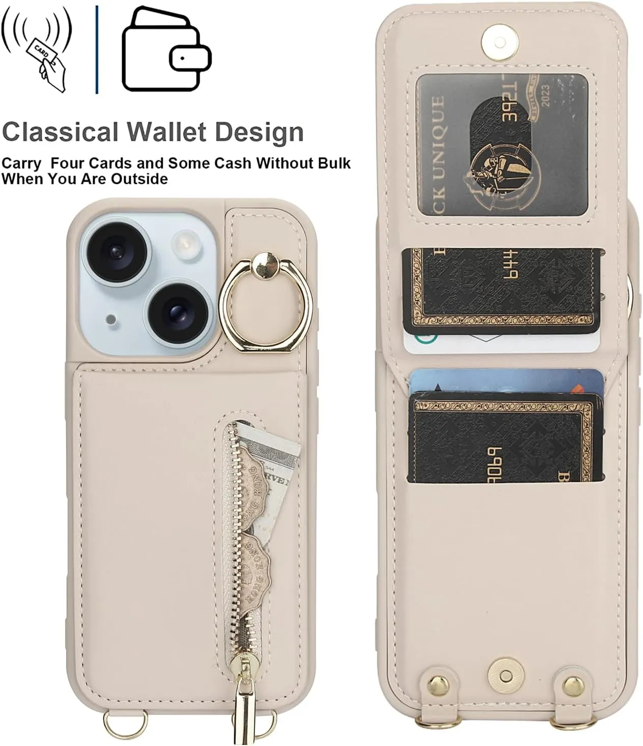 Crossbody Wallet Case for iPhone 13/14 with Lanyard Strap Card Slot Holder RFID Blocking 360° Ring Kickstand,Magnetic Flip Folio Zipper Purse Case, PU Leather Cover Handbag,Beige