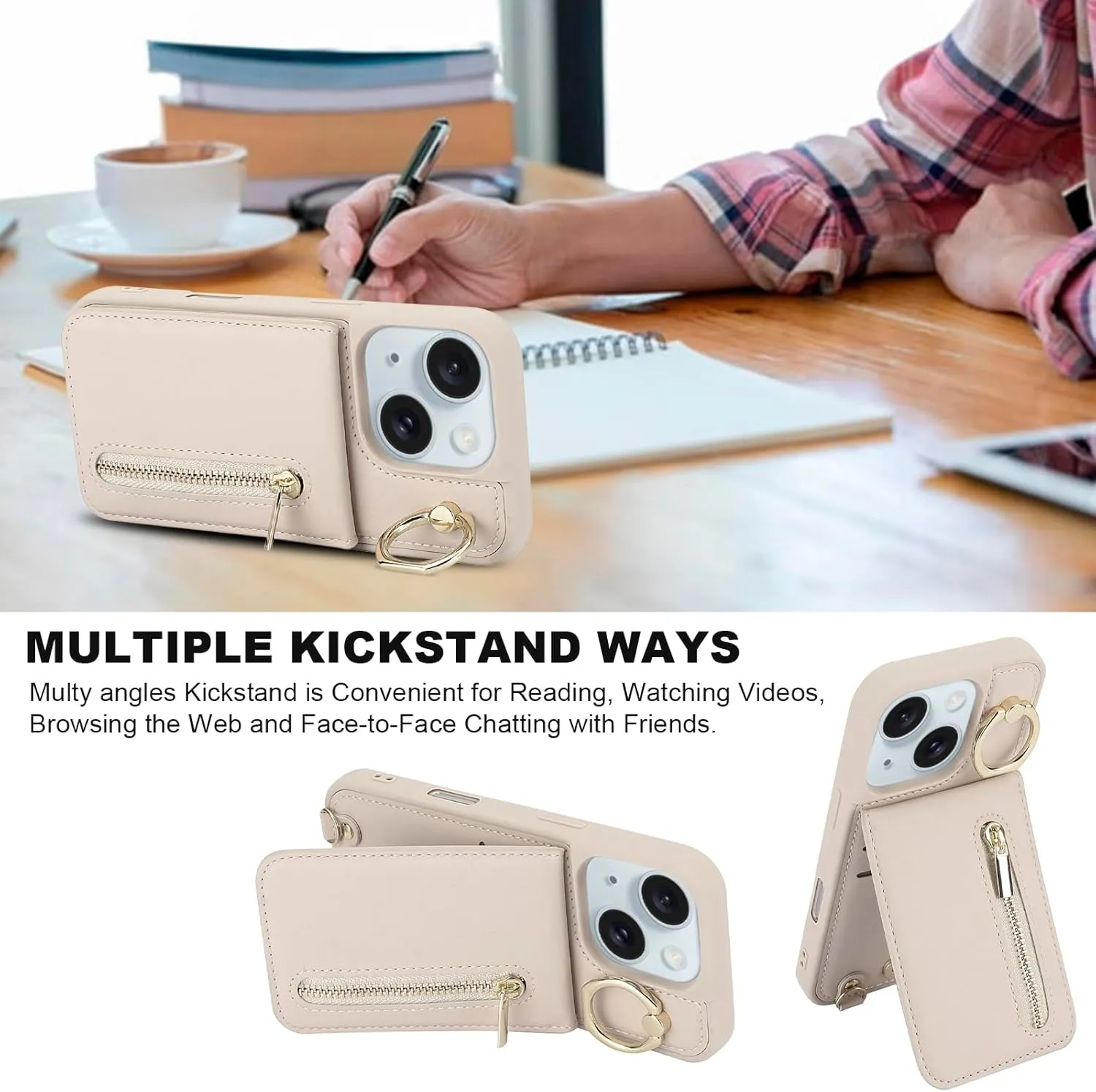 Crossbody Wallet Case for iPhone 13/14 with Lanyard Strap Card Slot Holder RFID Blocking 360° Ring Kickstand,Magnetic Flip Folio Zipper Purse Case, PU Leather Cover Handbag,Beige