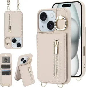 Crossbody Wallet Case for iPhone 13/14 with Lanyard Strap Card Slot Holder RFID Blocking 360° Ring Kickstand,Magnetic Flip Folio Zipper Purse Case, PU Leather Cover Handbag,Beige