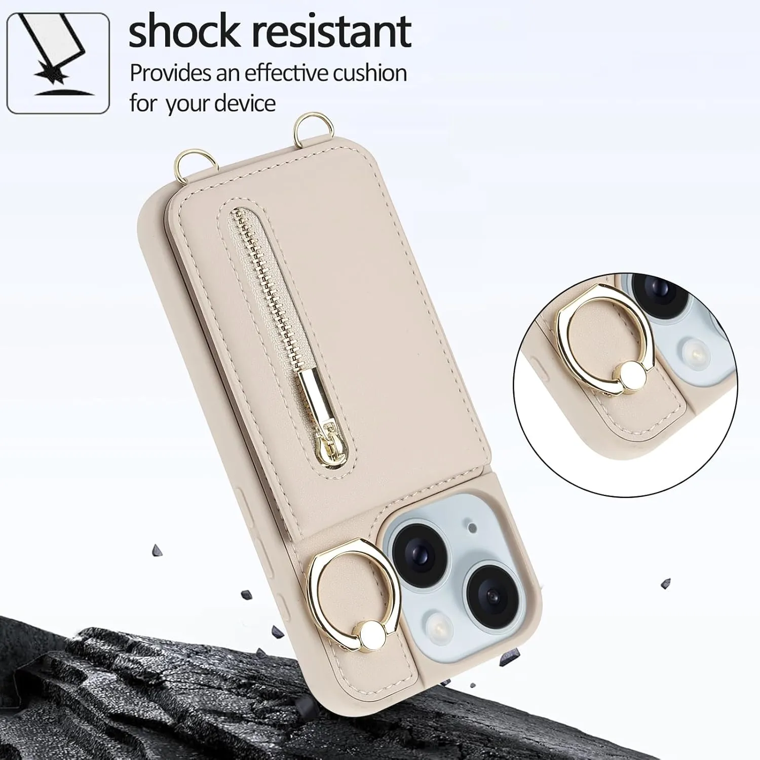 Crossbody Wallet Case for iPhone 13/14 with Lanyard Strap Card Slot Holder RFID Blocking 360° Ring Kickstand,Magnetic Flip Folio Zipper Purse Case, PU Leather Cover Handbag,Beige