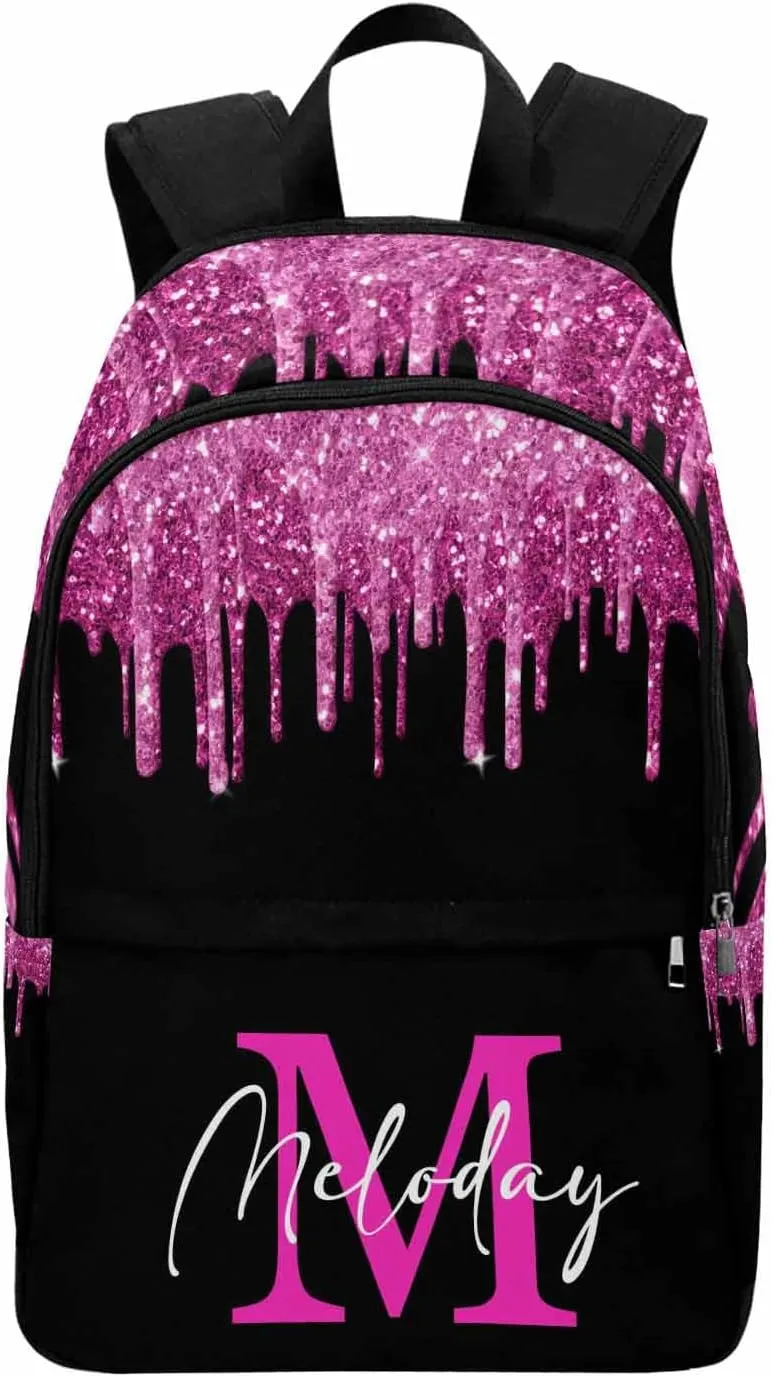 Custom Backpack for Kids, Personalized Deep Pink Glitter Sparkle Drip with Initial Bag Schoolbag Casual Daypack Customized Name Travel Laptop Bag Backpack for Daughter Son Teens Travel Picnic