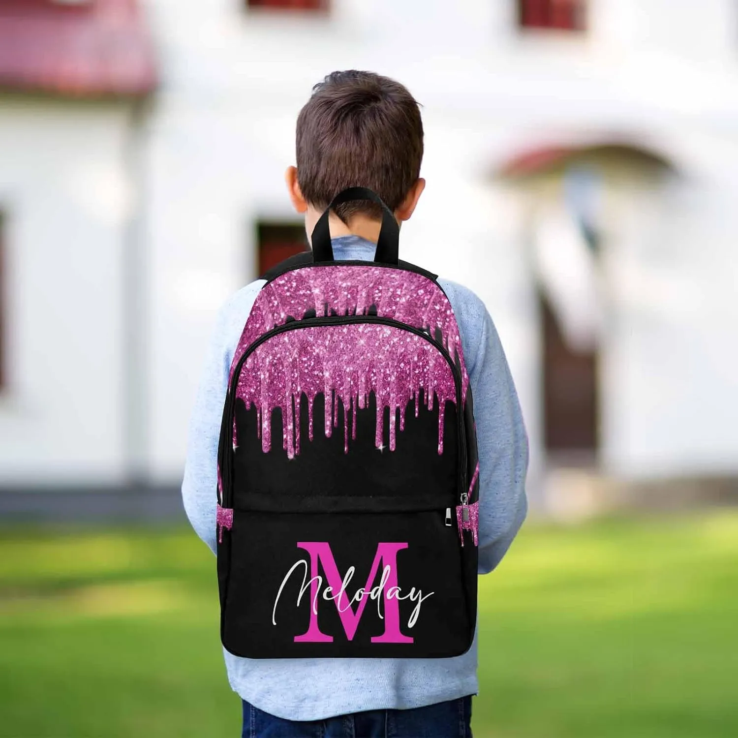 Custom Backpack for Kids, Personalized Deep Pink Glitter Sparkle Drip with Initial Bag Schoolbag Casual Daypack Customized Name Travel Laptop Bag Backpack for Daughter Son Teens Travel Picnic