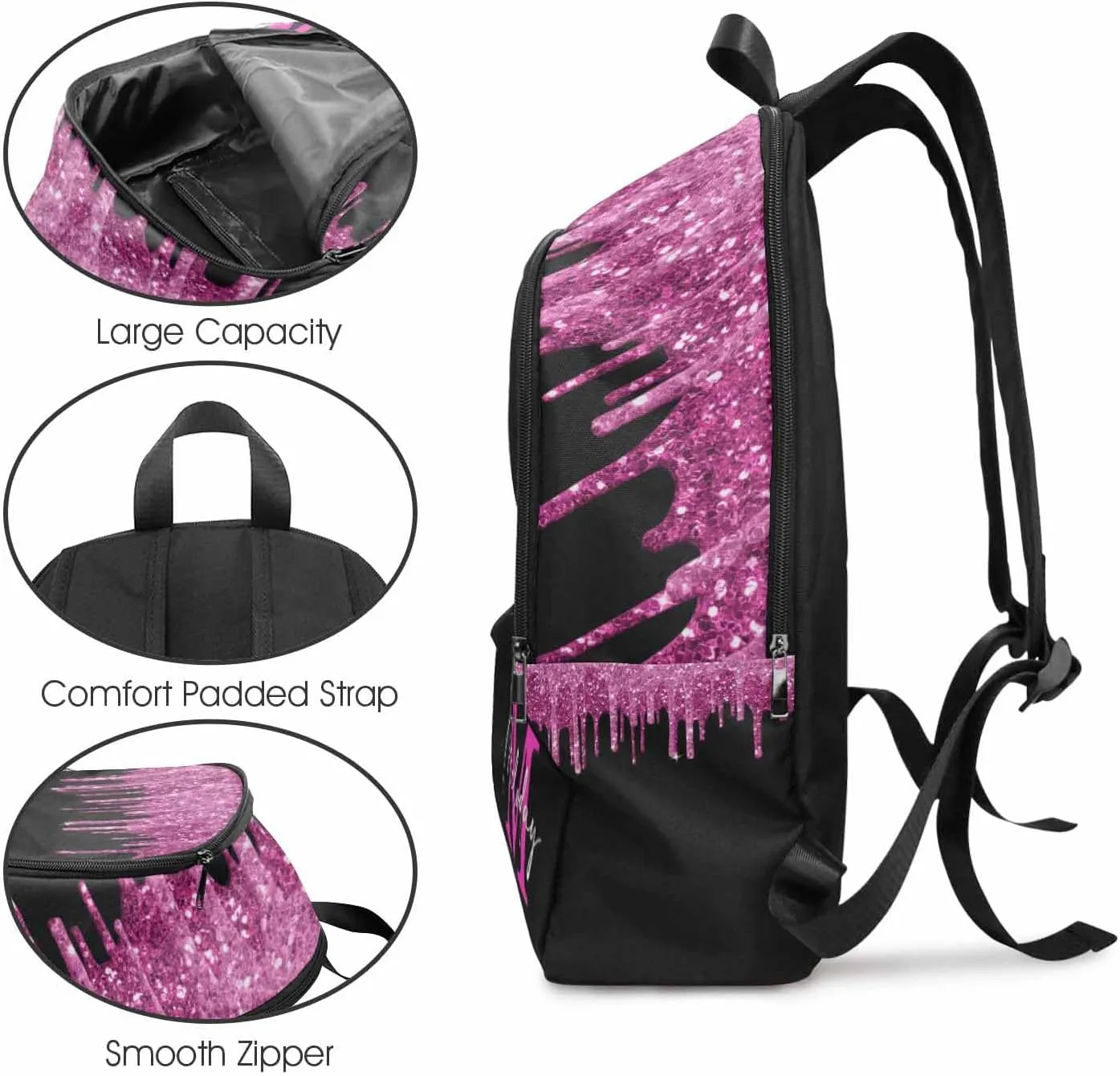 Custom Backpack for Kids, Personalized Deep Pink Glitter Sparkle Drip with Initial Bag Schoolbag Casual Daypack Customized Name Travel Laptop Bag Backpack for Daughter Son Teens Travel Picnic