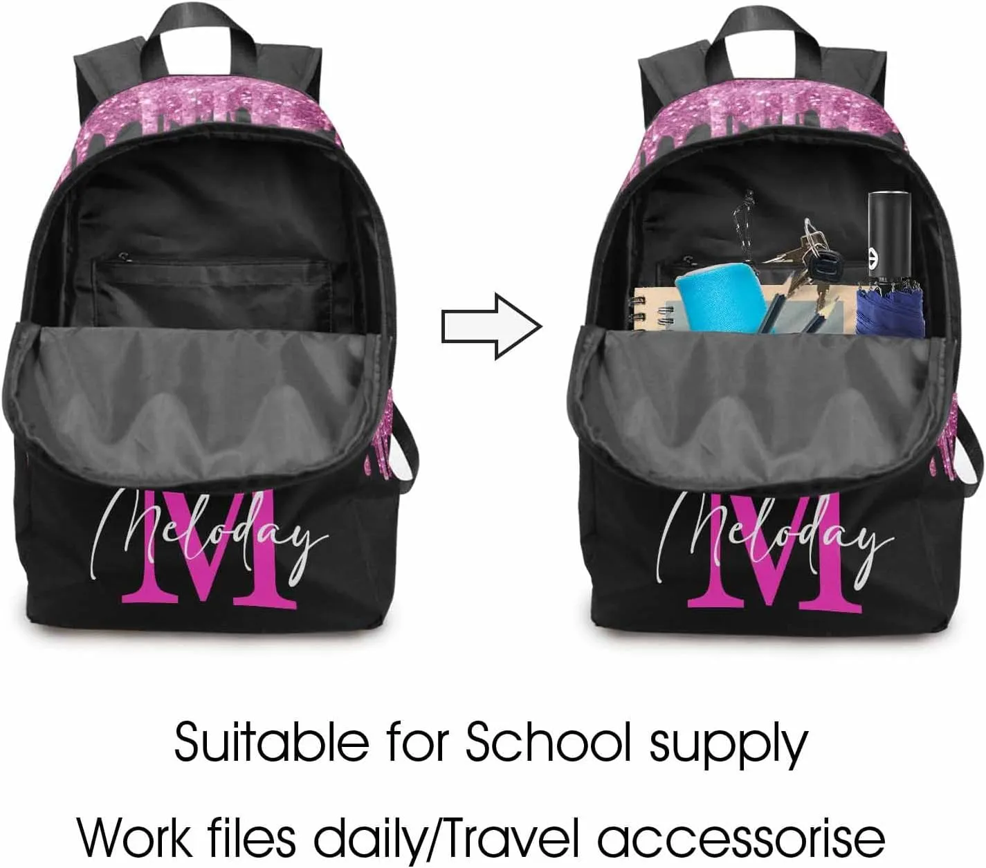 Custom Backpack for Kids, Personalized Deep Pink Glitter Sparkle Drip with Initial Bag Schoolbag Casual Daypack Customized Name Travel Laptop Bag Backpack for Daughter Son Teens Travel Picnic