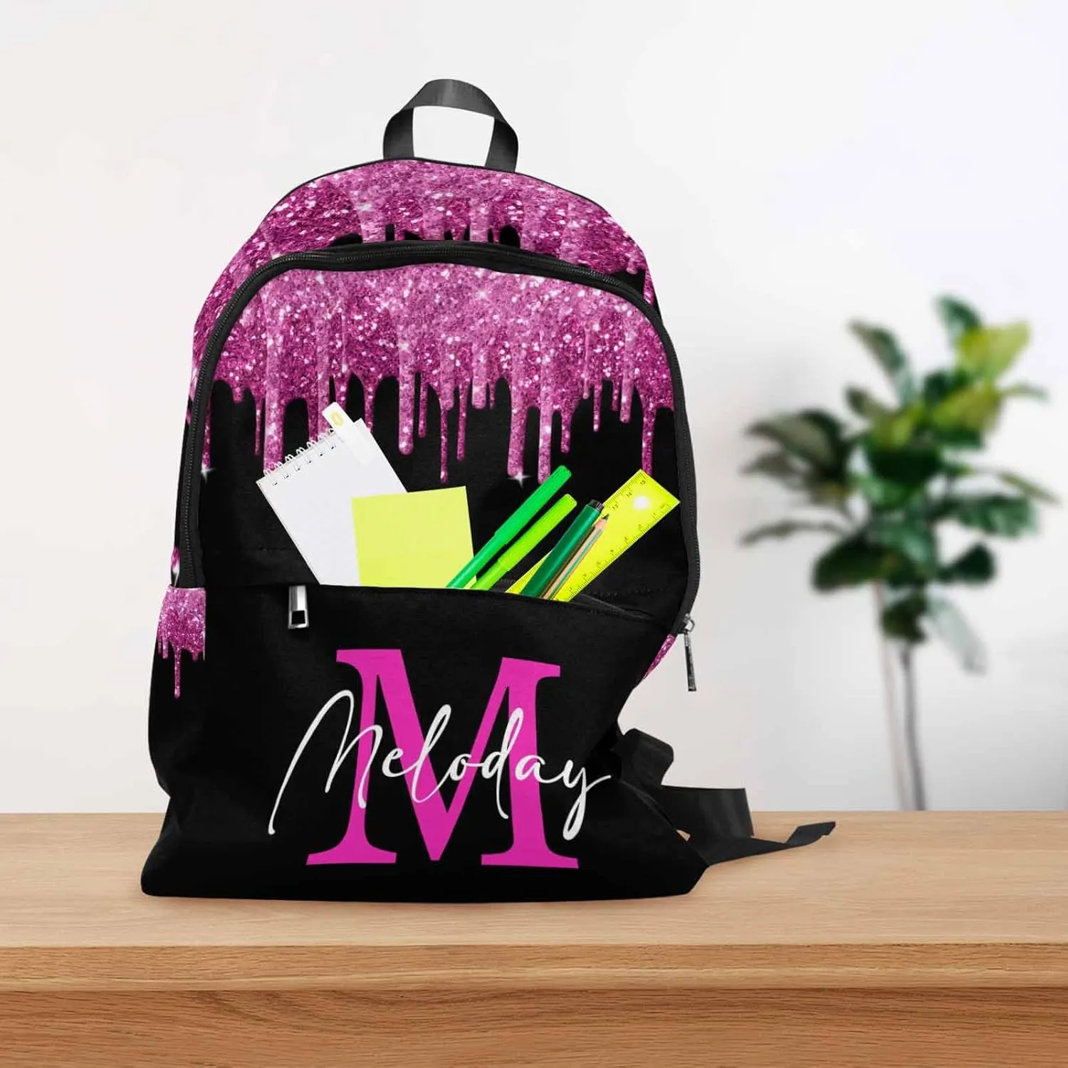 Custom Backpack for Kids, Personalized Deep Pink Glitter Sparkle Drip with Initial Bag Schoolbag Casual Daypack Customized Name Travel Laptop Bag Backpack for Daughter Son Teens Travel Picnic