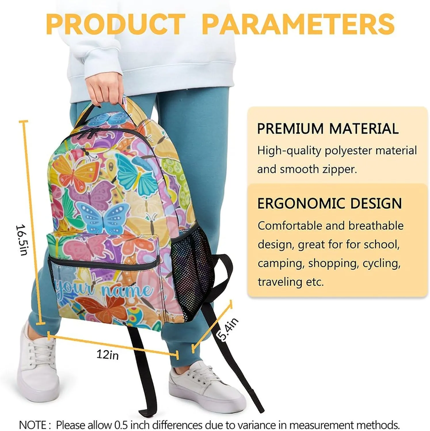 Custom Butterfly Backpack for Girls Boys, 16 Inch Colorful Backpacks for School, Cute Lightweight Durable Bookbags for Kids