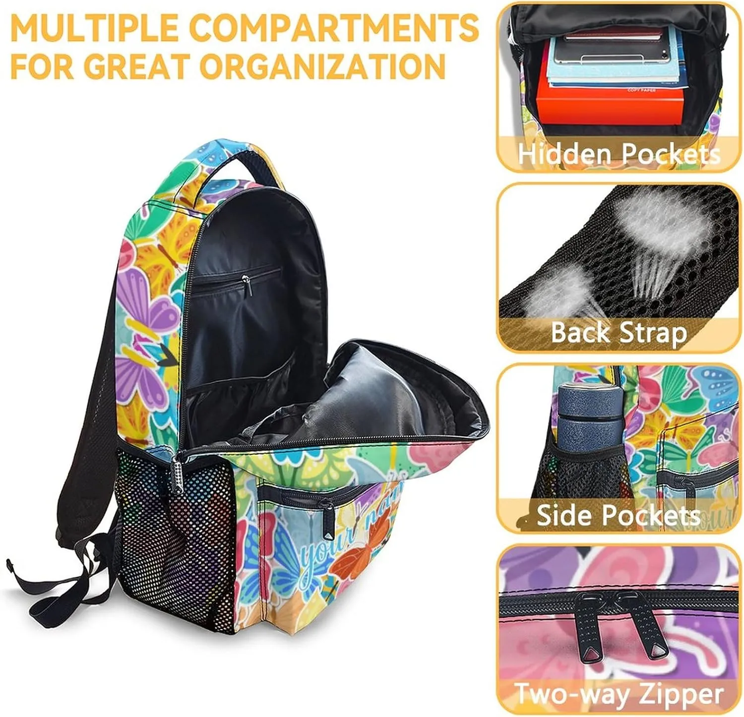 Custom Butterfly Backpack for Girls Boys, 16 Inch Colorful Backpacks for School, Cute Lightweight Durable Bookbags for Kids
