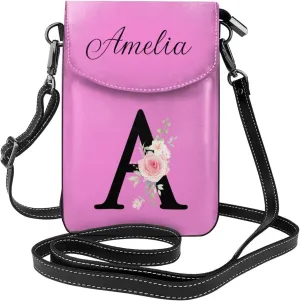 Custom Name Small Crossbody Cell Phone Bag for Women Personalized PU Leather Mini Shoulder Bag Wallet Cellphone Purse with Credit Card Slots and Adjustable Strap (A)