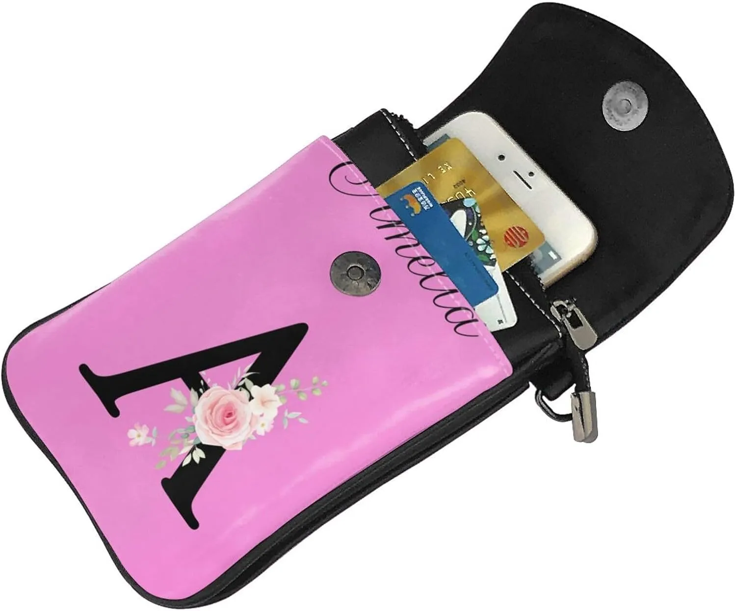 Custom Name Small Crossbody Cell Phone Bag for Women Personalized PU Leather Mini Shoulder Bag Wallet Cellphone Purse with Credit Card Slots and Adjustable Strap (A)