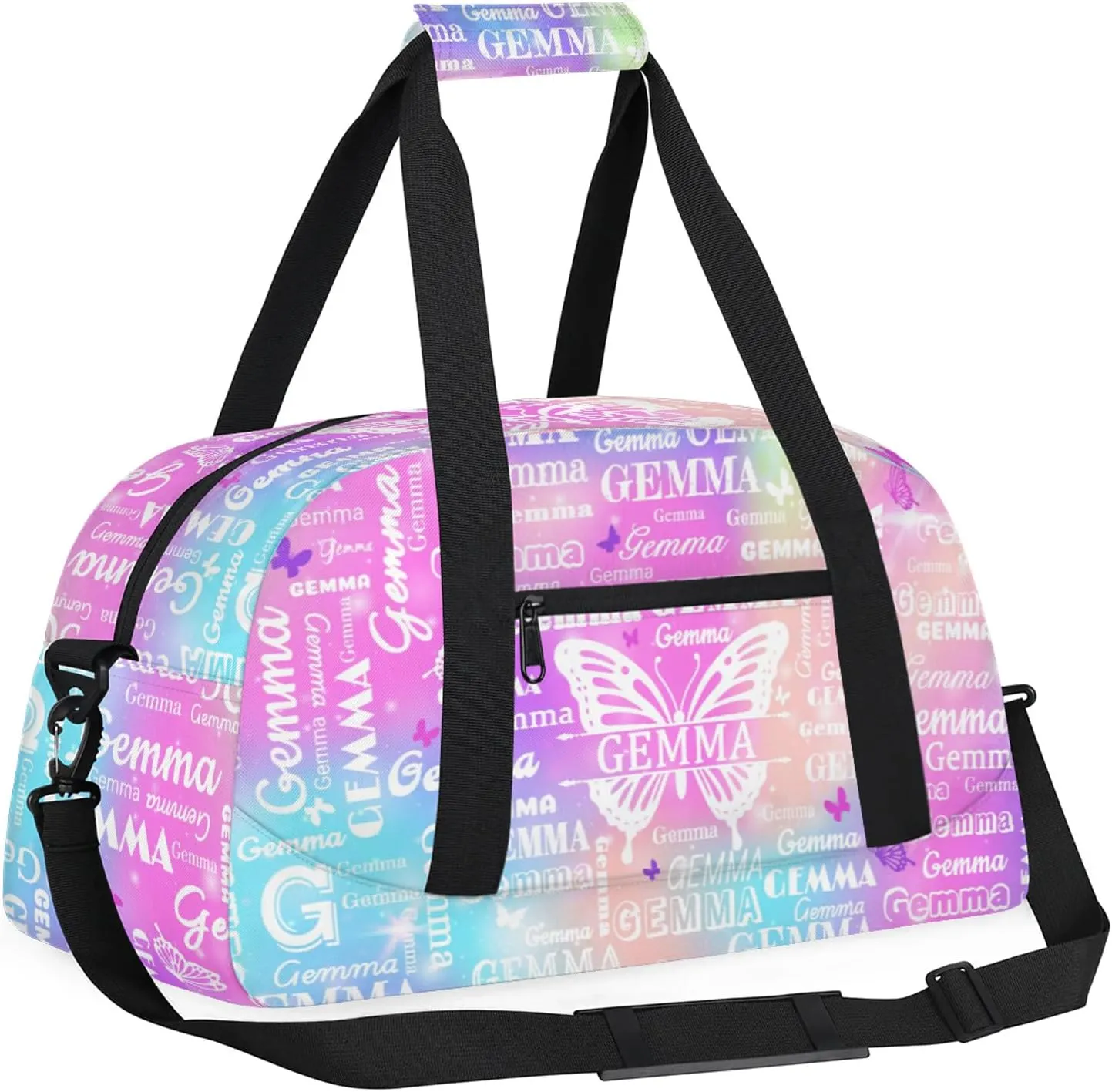 Custom Sport Duffel Bag with Name Butterfly Travel Overnight Bag for Women Men Waterproof Dance Ballet Bag Lightweight 18.9in, Rainbow Sparkly