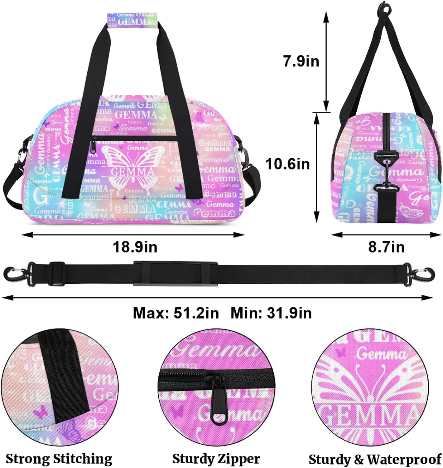Custom Sport Duffel Bag with Name Butterfly Travel Overnight Bag for Women Men Waterproof Dance Ballet Bag Lightweight 18.9in, Rainbow Sparkly