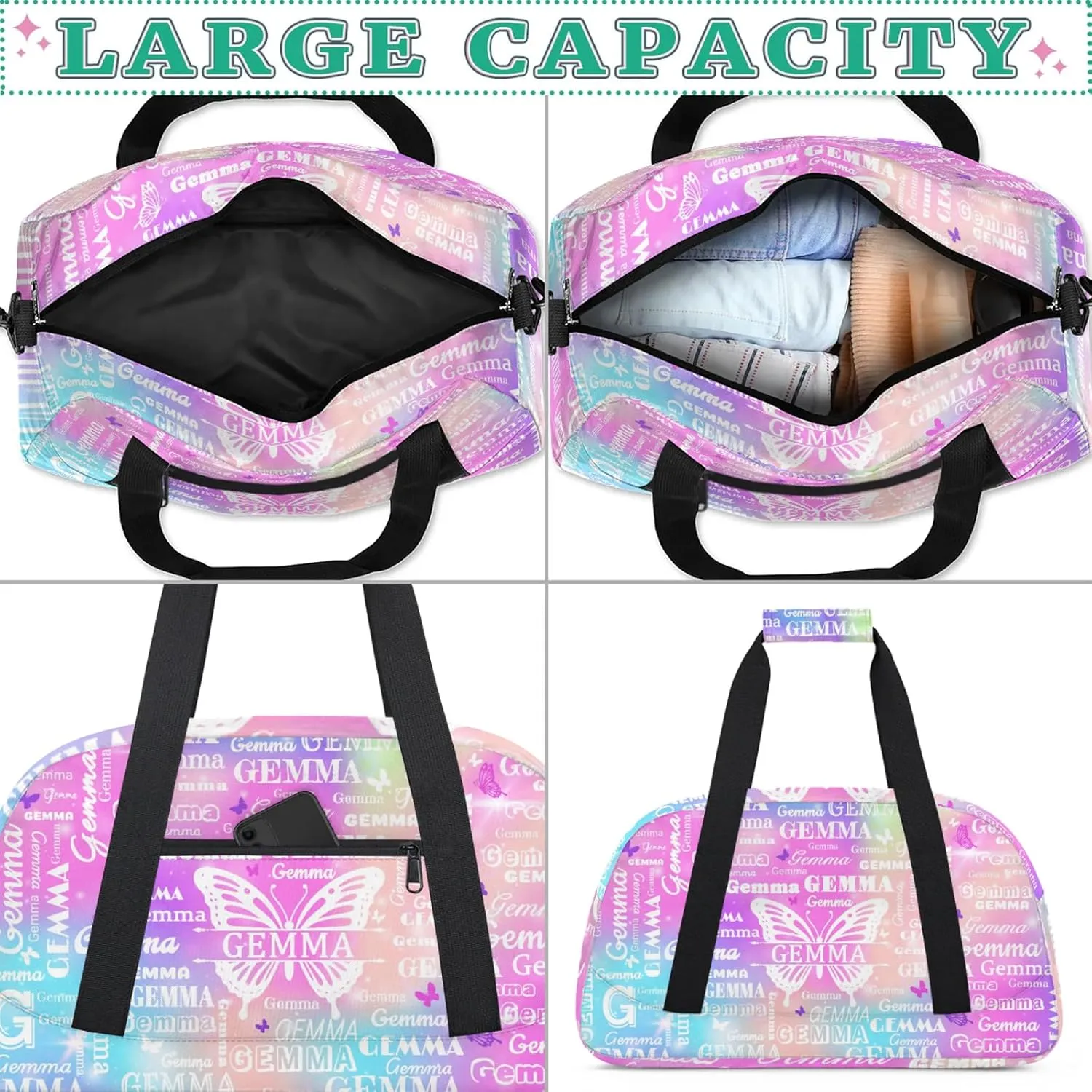 Custom Sport Duffel Bag with Name Butterfly Travel Overnight Bag for Women Men Waterproof Dance Ballet Bag Lightweight 18.9in, Rainbow Sparkly