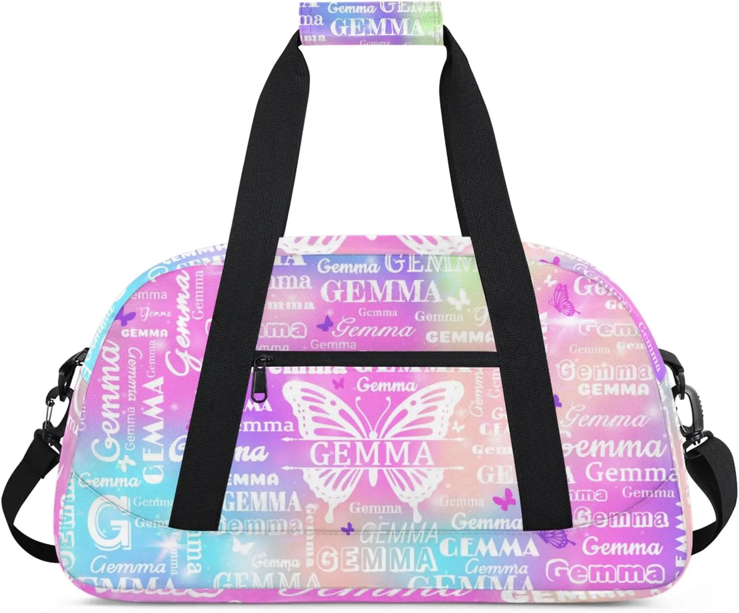 Custom Sport Duffel Bag with Name Butterfly Travel Overnight Bag for Women Men Waterproof Dance Ballet Bag Lightweight 18.9in, Rainbow Sparkly