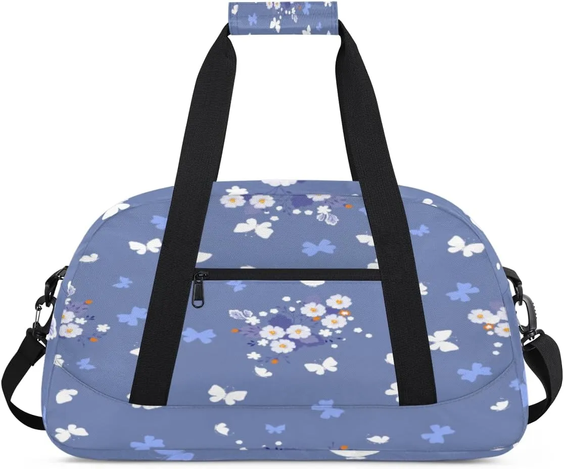 Cute Butterfly Gym Duffel Bag for Men Women Daisies Flowers Sports Tote Bag with Adjustable Shoulder Strap for Dance Gymnastics Traveling Outdoor Camping Overnight Stay