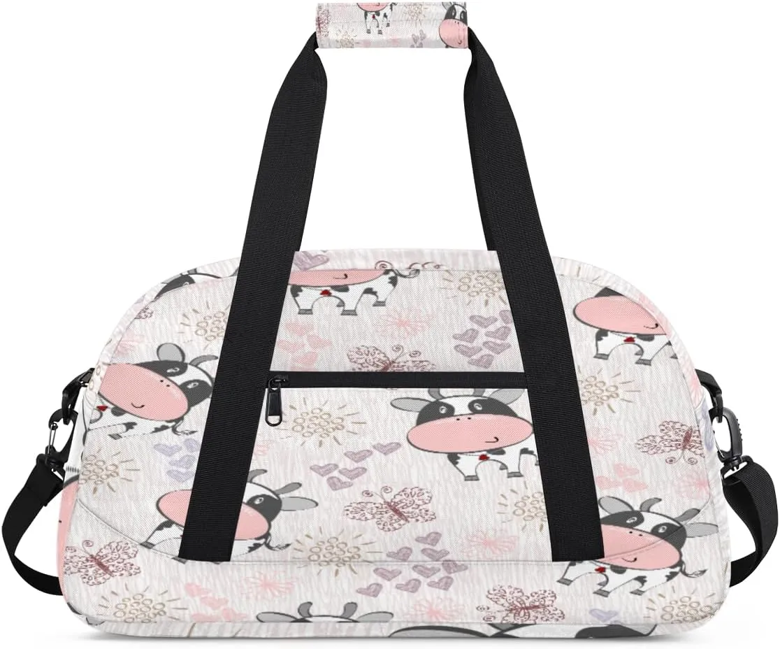 Cute Cow Gym Duffel Bag for Men Women Butterfly Heart Sports Tote Bag with Adjustable Shoulder Strap for Dance Gymnastics Traveling Outdoor Camping Overnight Stay