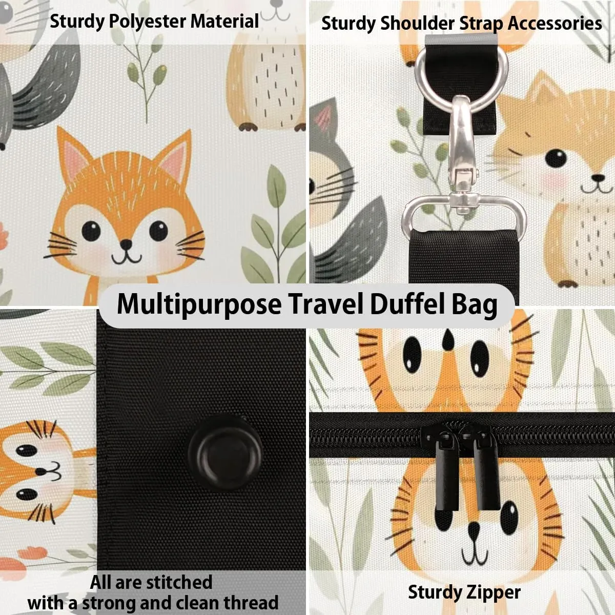 Cute Fox Print Travel Duffel Bag for Women Men Waterproof Foldable Overnight Weekender Bag Large Capacity Sports Gym Bag