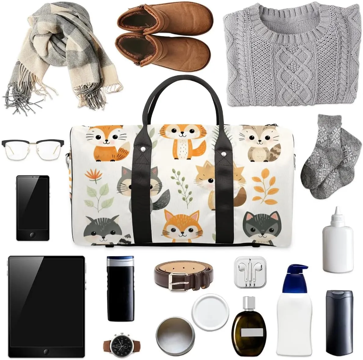 Cute Fox Print Travel Duffel Bag for Women Men Waterproof Foldable Overnight Weekender Bag Large Capacity Sports Gym Bag