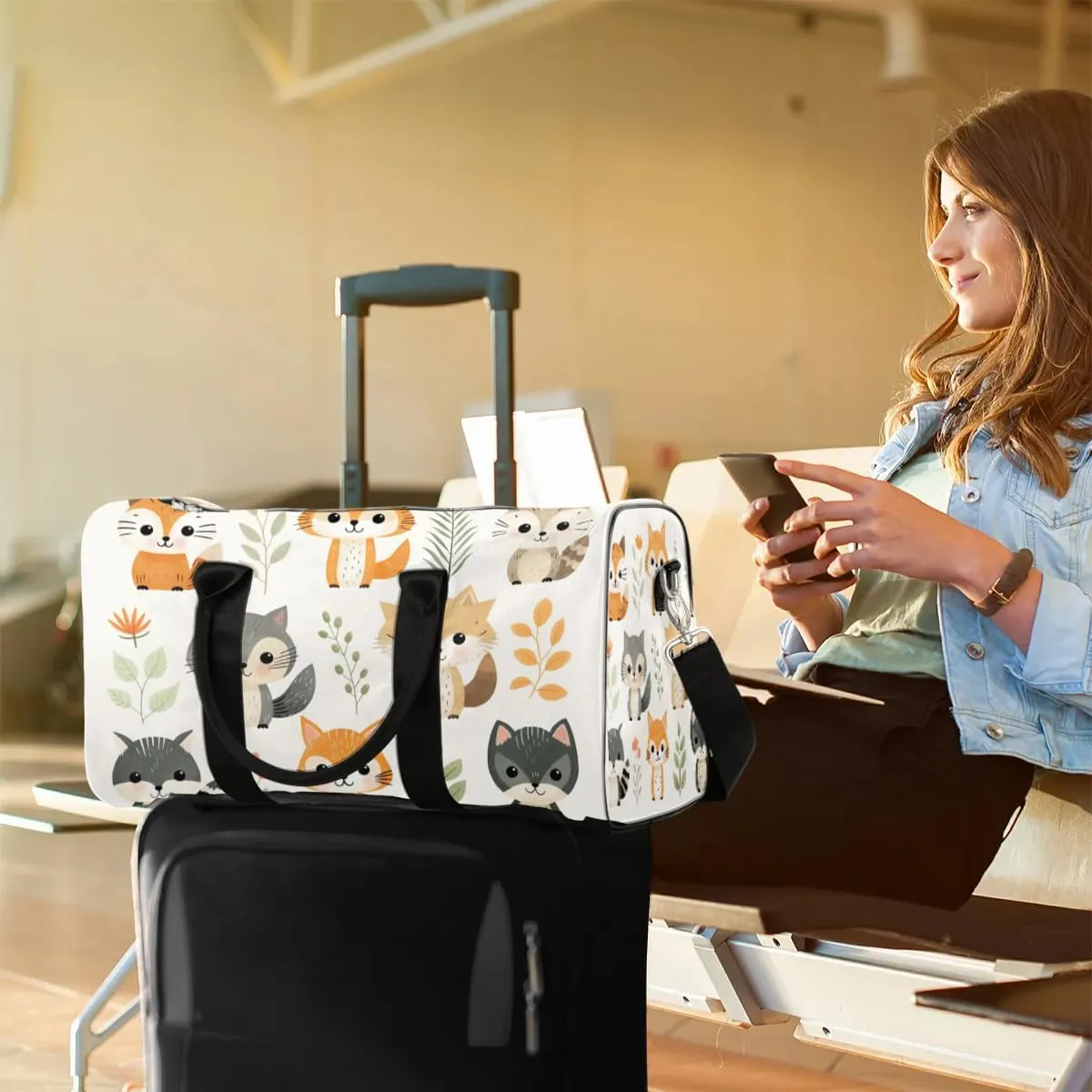 Cute Fox Print Travel Duffel Bag for Women Men Waterproof Foldable Overnight Weekender Bag Large Capacity Sports Gym Bag