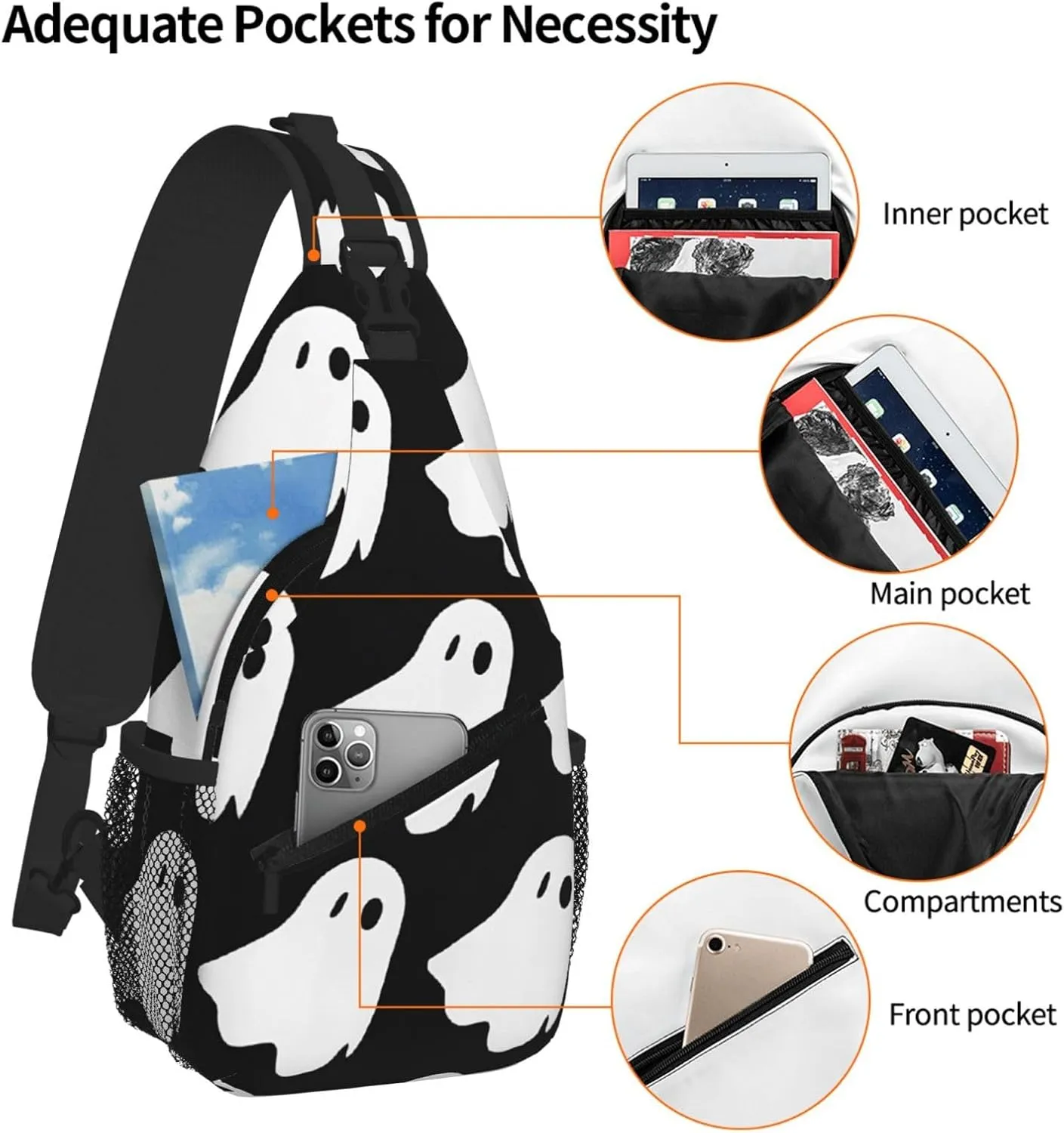 Cute White Ghost Halloween Pattern Print Cross Chest Bag Diagonally For Short-Distance Travel And Daily Use
