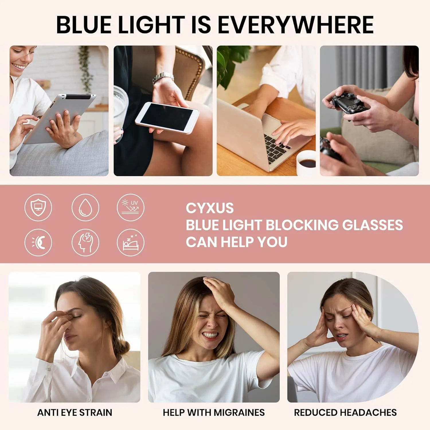 Cyxus Blue Light Glasses for Woman, Fashion Computer Glasses on Office Reduce Eye Strain Anti Migraine for Working Reading