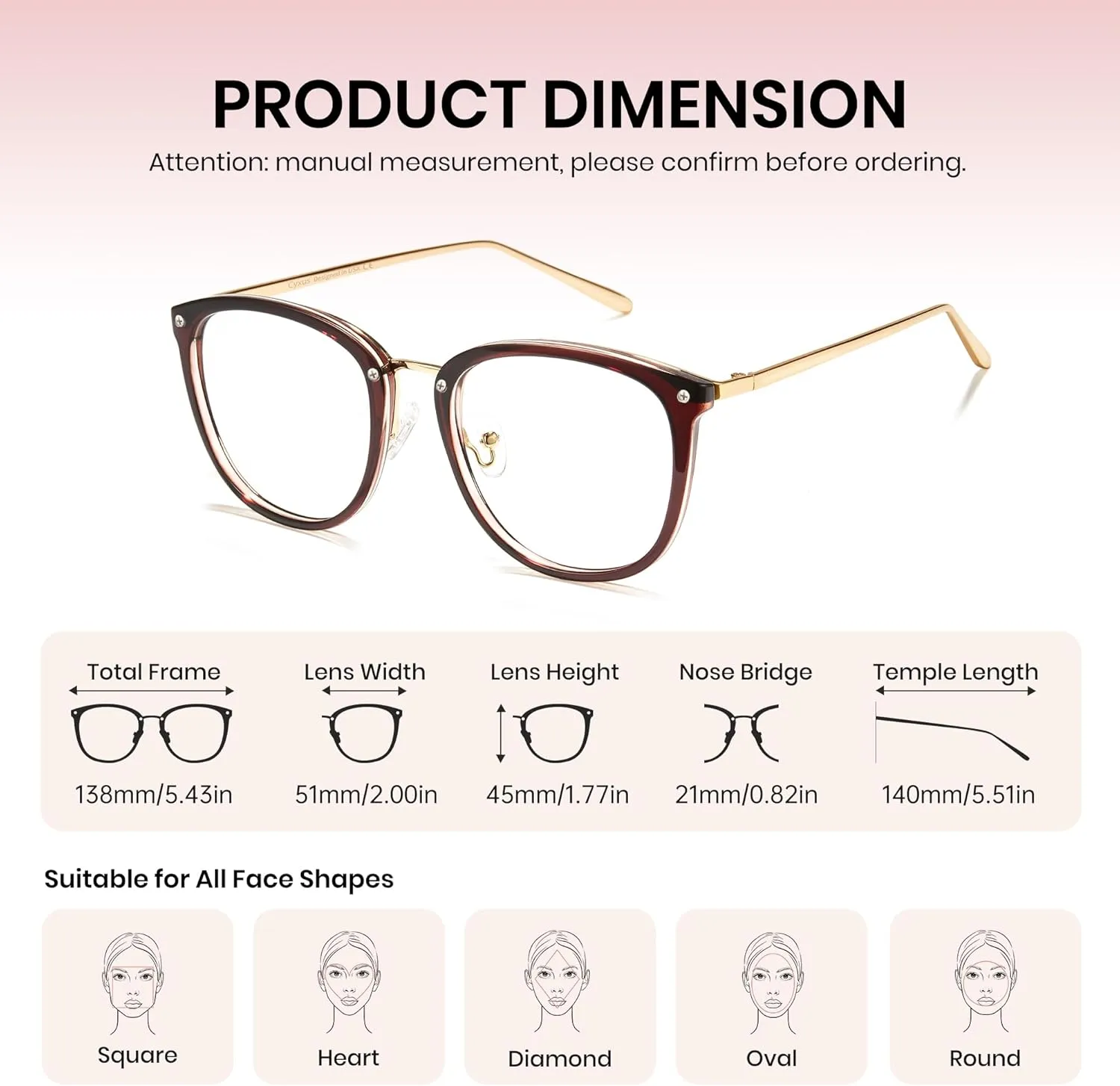 Cyxus TR90 Cat Eye Women Eyewear Frames Round Stylish Retro Metal Ultra Light Blue Light Glasses UV Blocking Eyeglasses