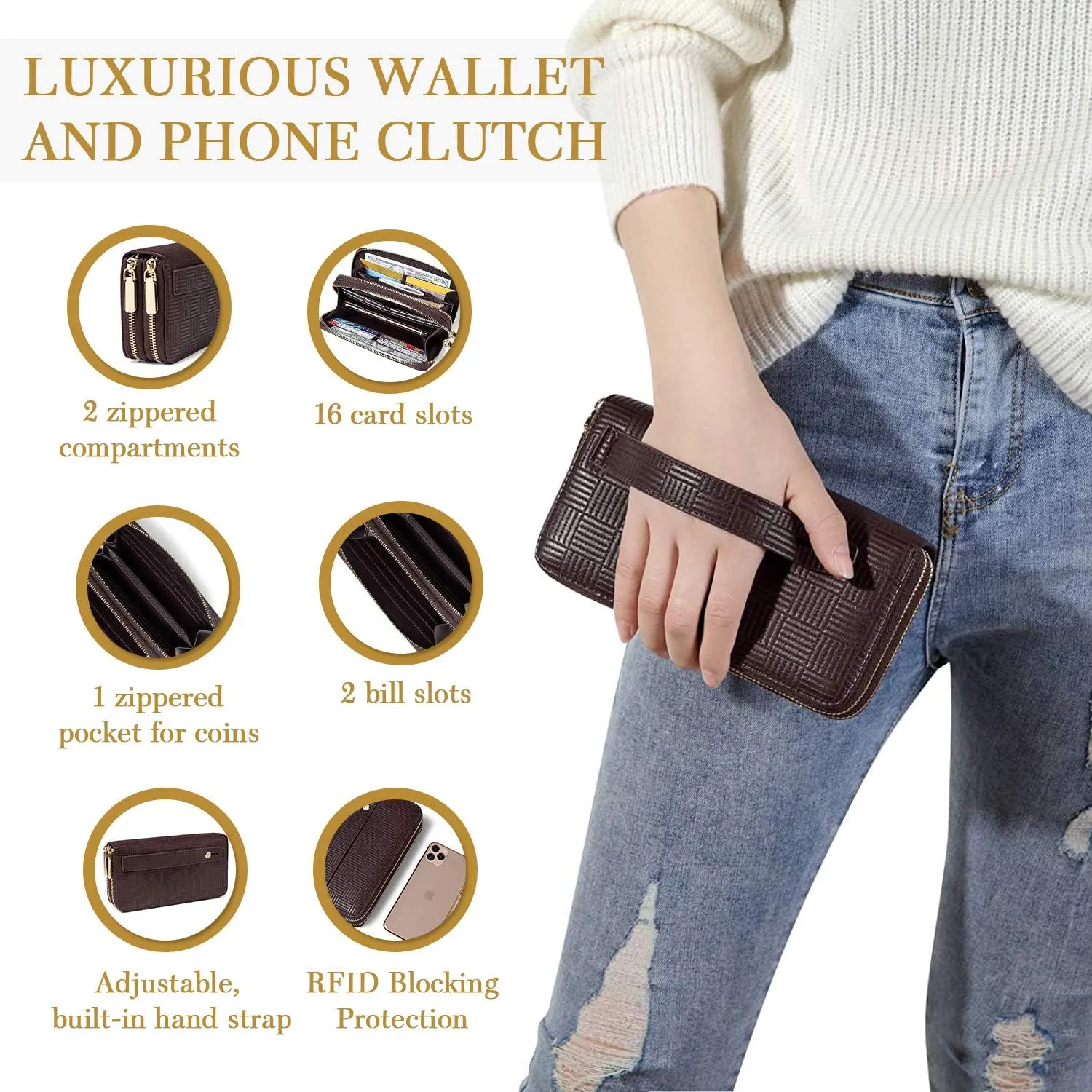 Daisy Rose Dual Zipper Phone Clutch and Wallet for Women - RFID Blocking, PU Vegan Leather Multi-Card Organizer