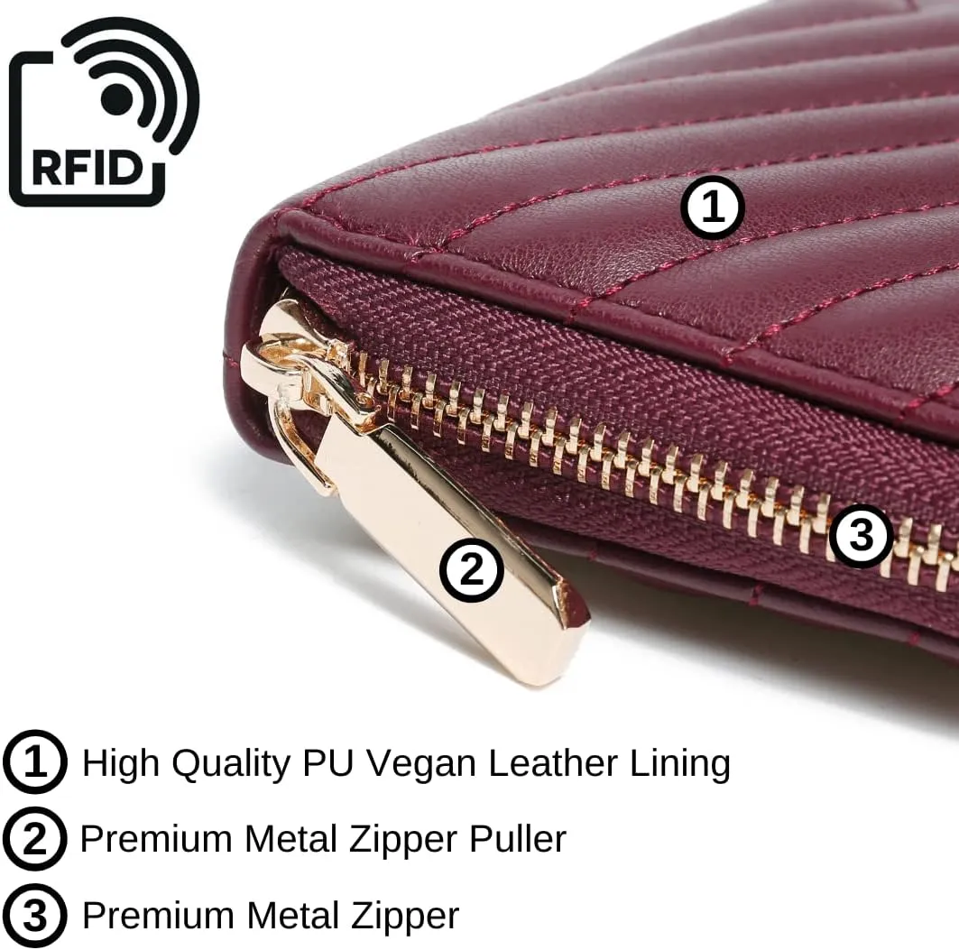 Daisy Rose Women’s Zip-Around Wallet & Phone Clutch with RFID Blocking, PU Vegan Leather (Burgundy)