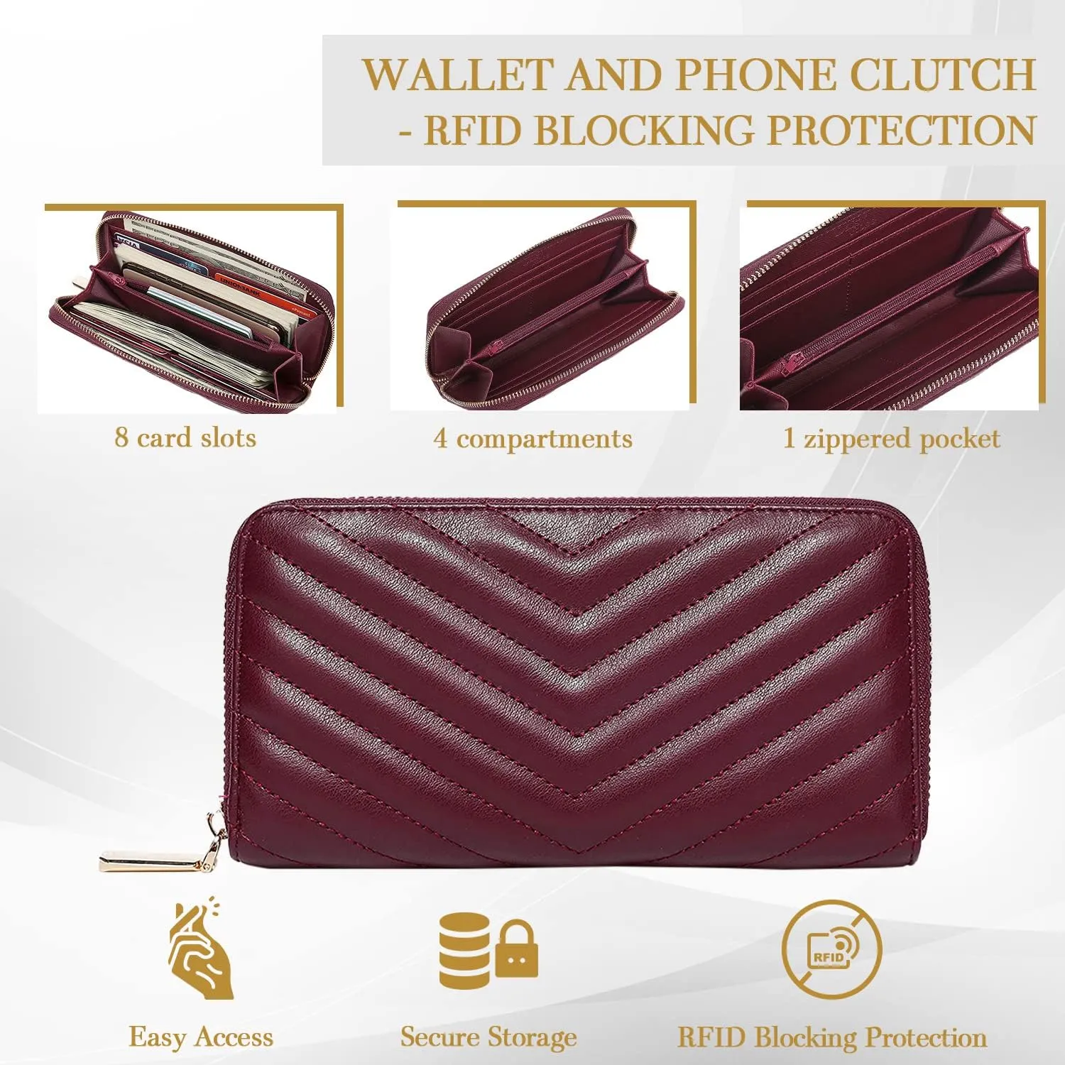 Daisy Rose Women’s Zip-Around Wallet & Phone Clutch with RFID Blocking, PU Vegan Leather (Burgundy)