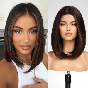 Dark Brown Short Bob Wigs,Brown Straight Shoulder Length Wigs for Women,Middle Part Heat Resistant Fibre Synthetic Wig Daily Use